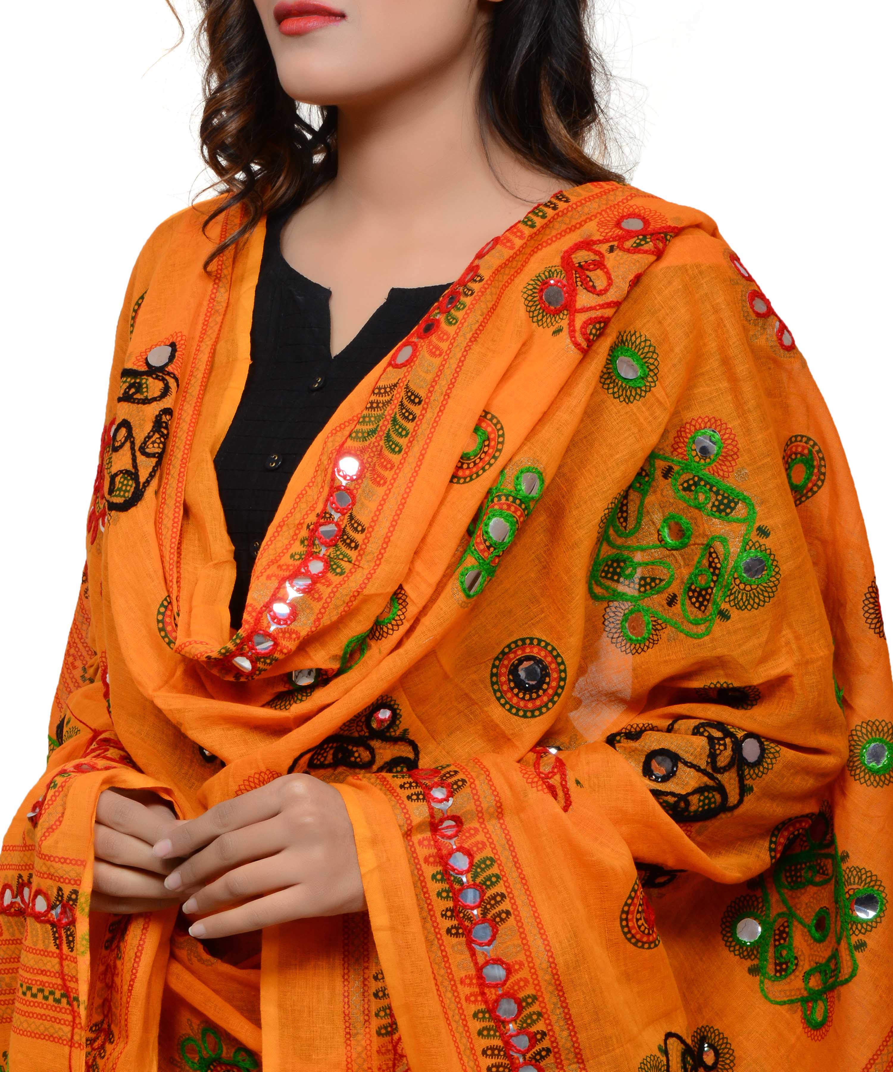 Banjara India Women's Pure Cotton Aari Embroidery & Foil Mirrors Dupatta (Chakachak) Light Orange - CHK07 - Banjara India