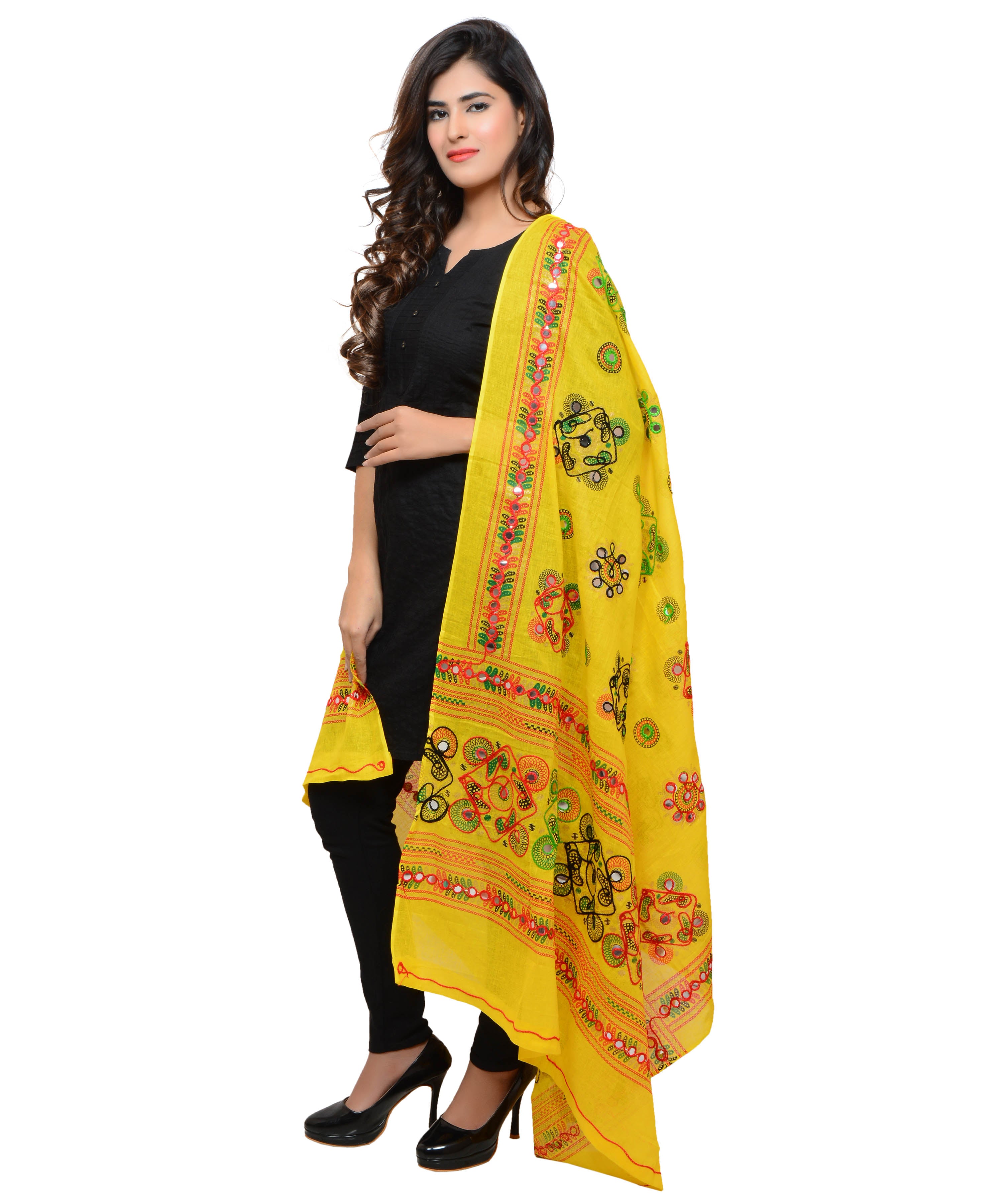 Banjara India Women's Pure Cotton Aari Embroidery & Foil Mirrors Dupatta (Chakachak) Lemon Yellow - CHK08 - Banjara India