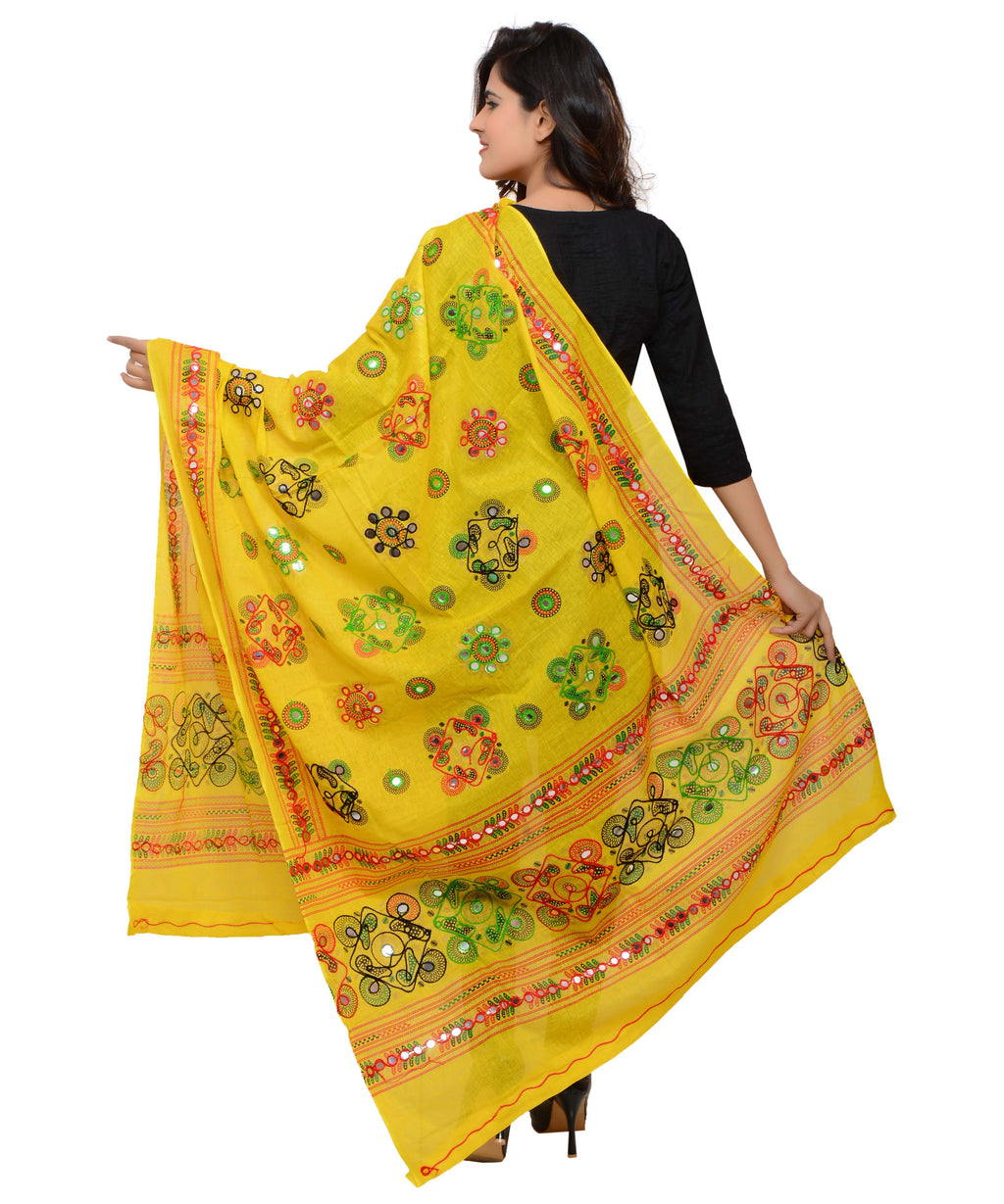 Banjara India Women's Pure Cotton Aari Embroidery & Foil Mirrors Dupatta (Chakachak) Lemon Yellow - CHK08 - Banjara India