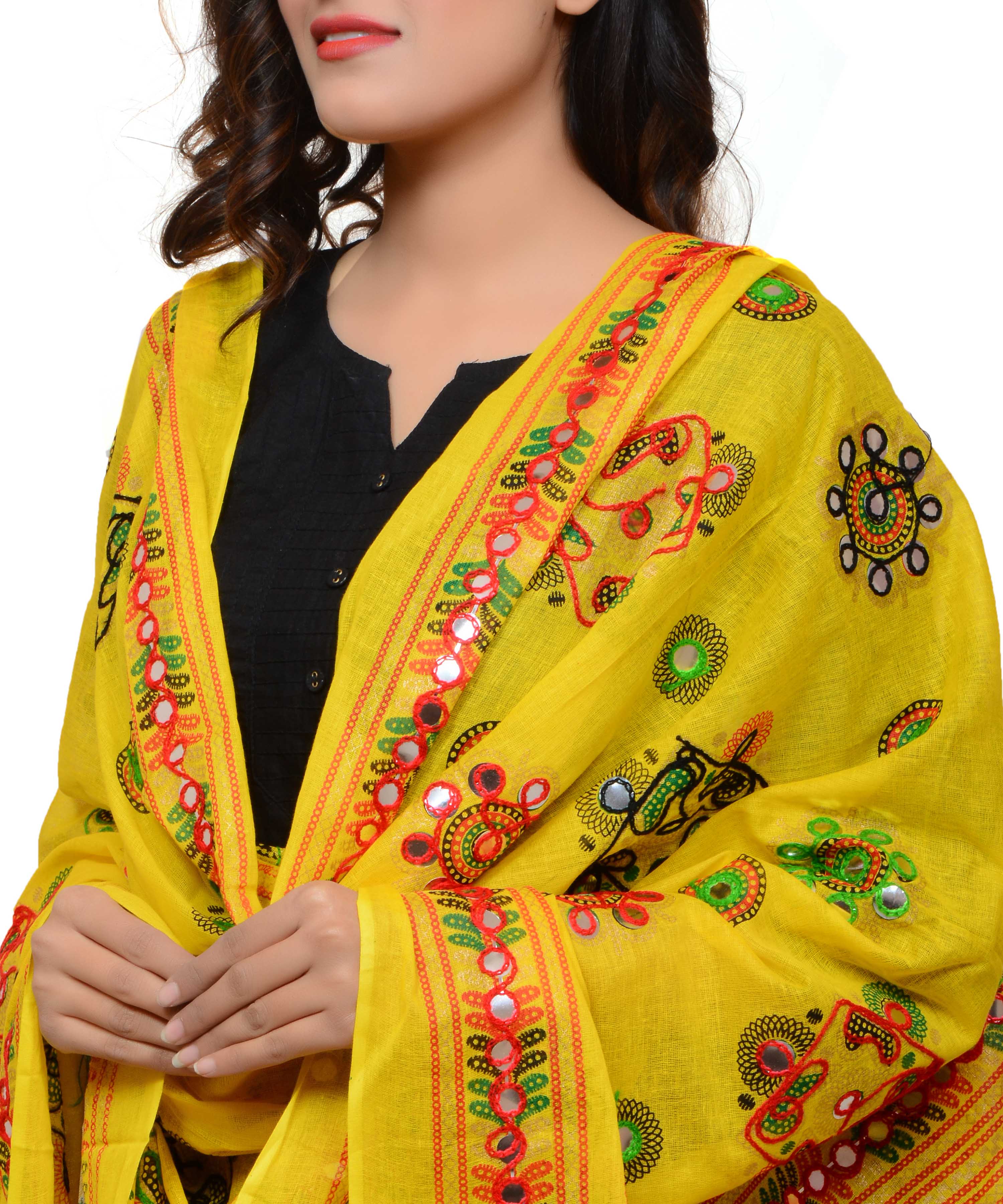 Banjara India Women's Pure Cotton Aari Embroidery & Foil Mirrors Dupatta (Chakachak) Lemon Yellow - CHK08 - Banjara India