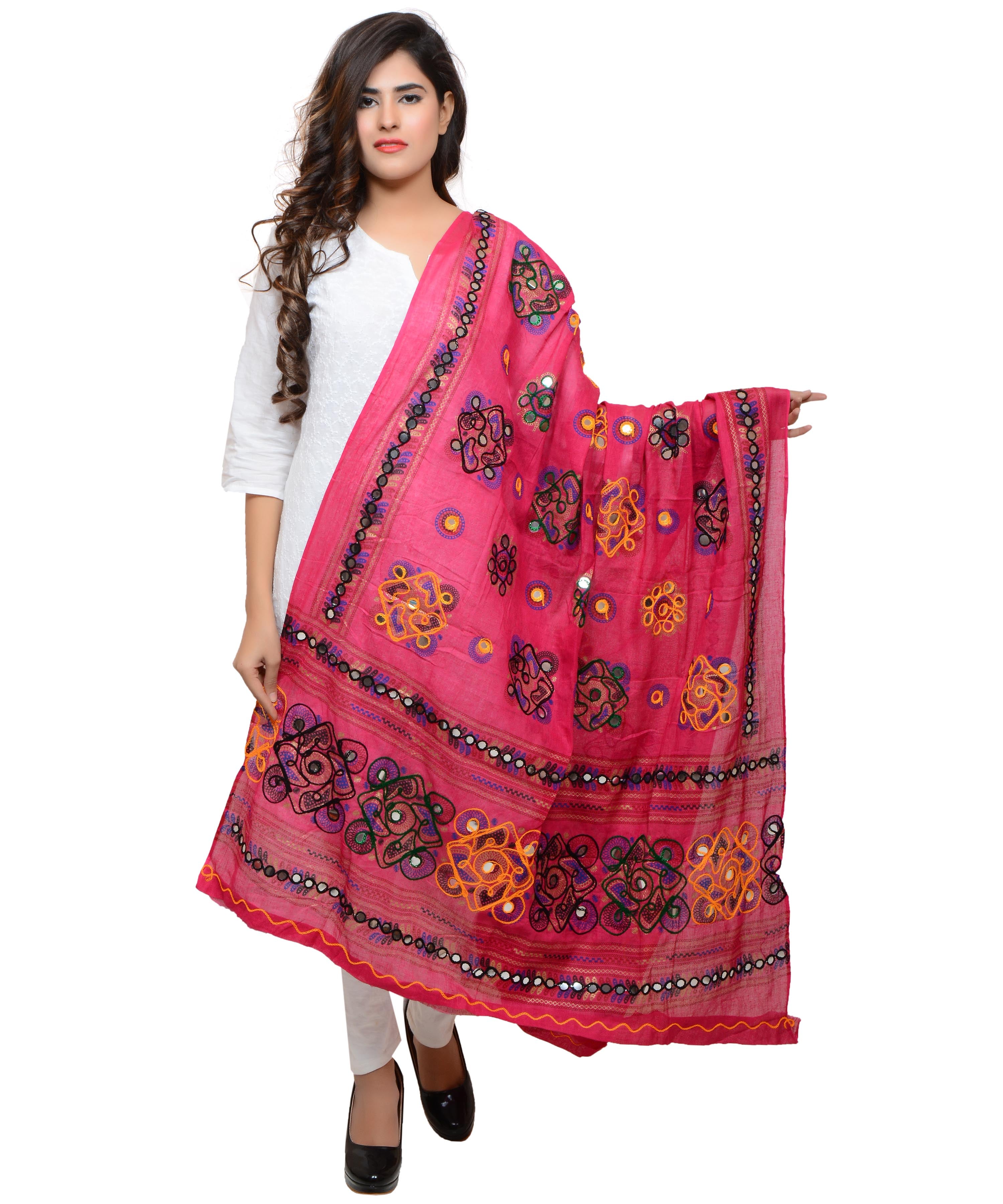 Banjara India Women's Pure Cotton Aari Embroidery & Foil Mirrors Dupatta (Chakachak) Pink - CHK09 - Banjara India