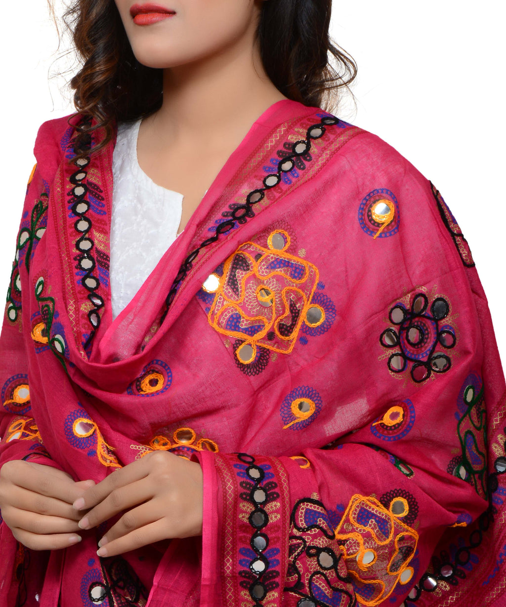 Banjara India Women's Pure Cotton Aari Embroidery & Foil Mirrors Dupatta (Chakachak) Pink - CHK09 - Banjara India