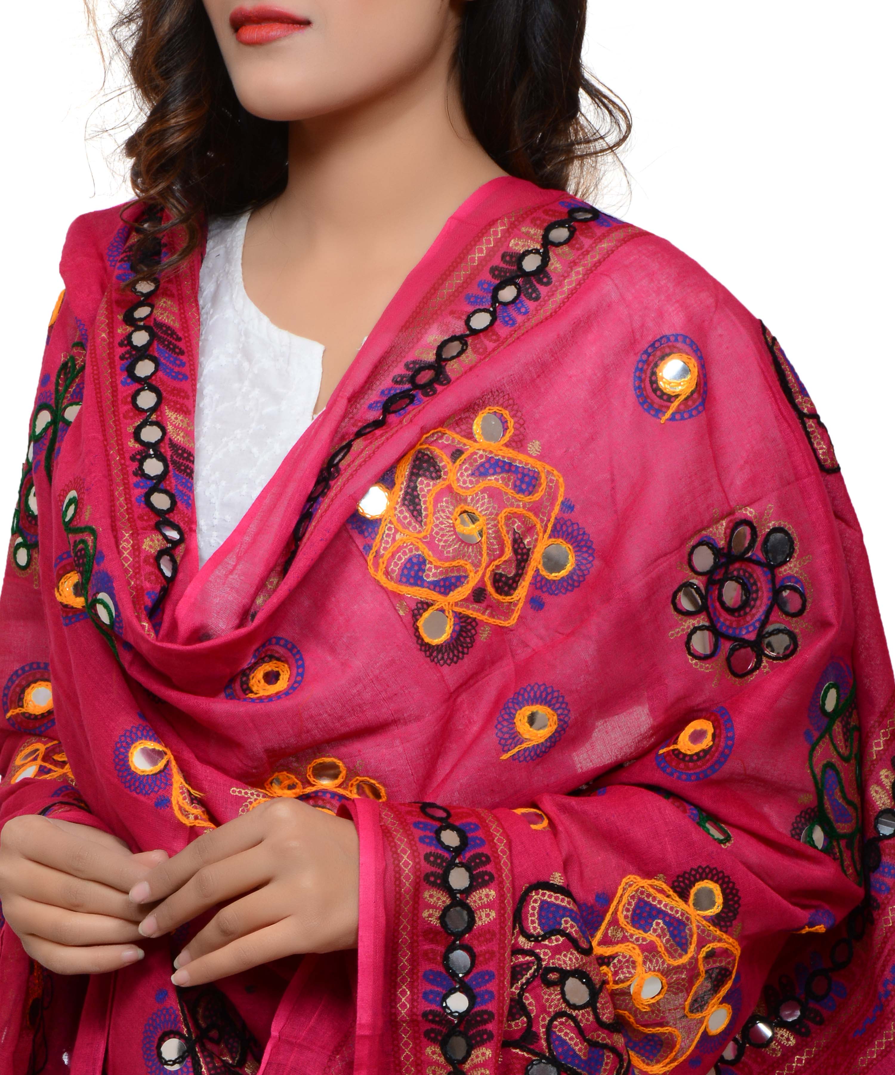 Banjara India Women's Pure Cotton Aari Embroidery & Foil Mirrors Dupatta (Chakachak) Pink - CHK09 - Banjara India