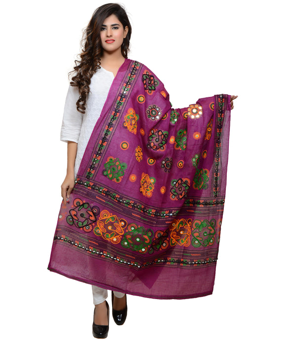 Banjara India Women's Pure Cotton Aari Embroidery & Foil Mirrors Dupatta (Chakachak) Magenta Violet - CHK10 - Banjara India