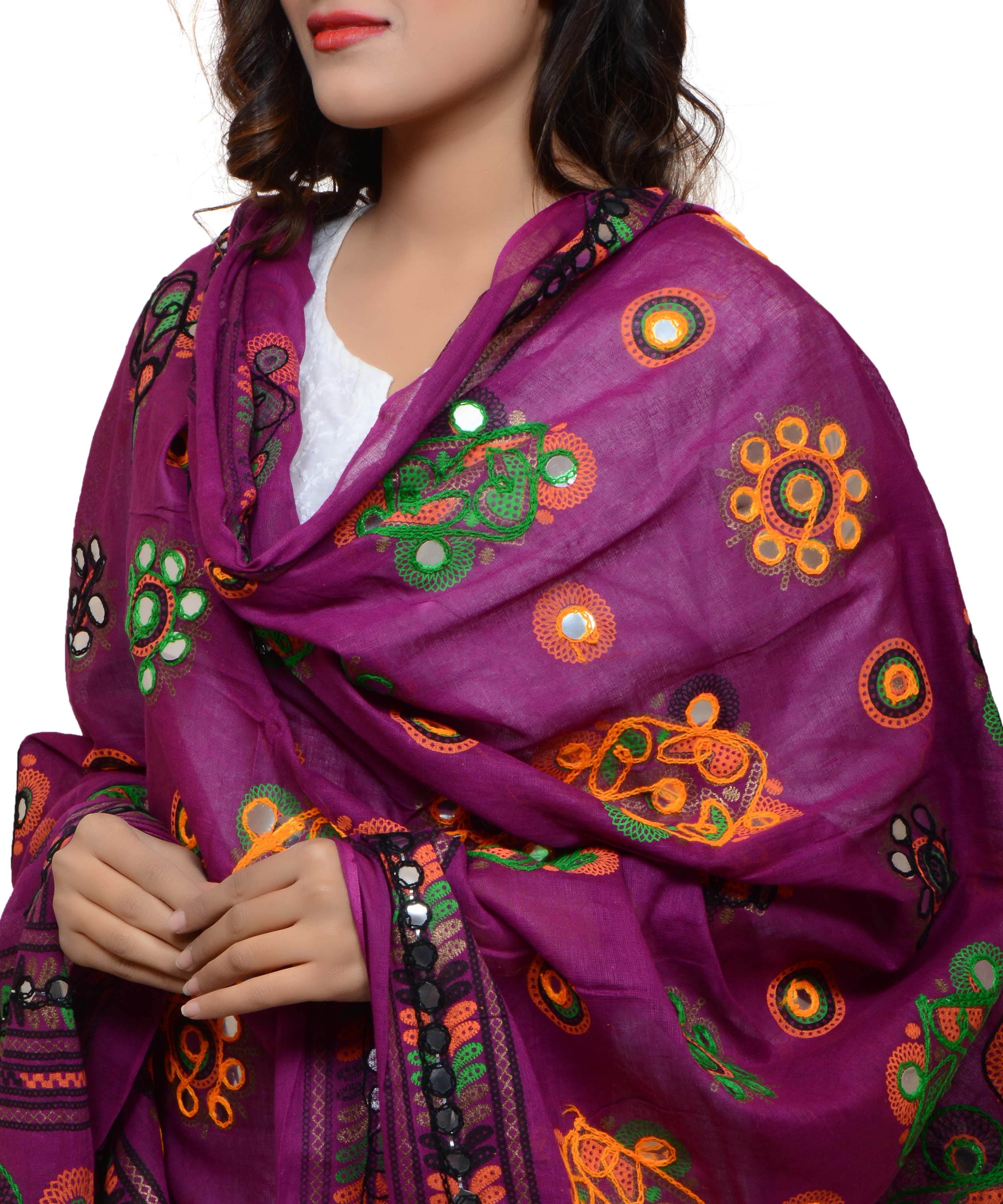 Banjara India Women's Pure Cotton Aari Embroidery & Foil Mirrors Dupatta (Chakachak) Magenta Violet - CHK10 - Banjara India