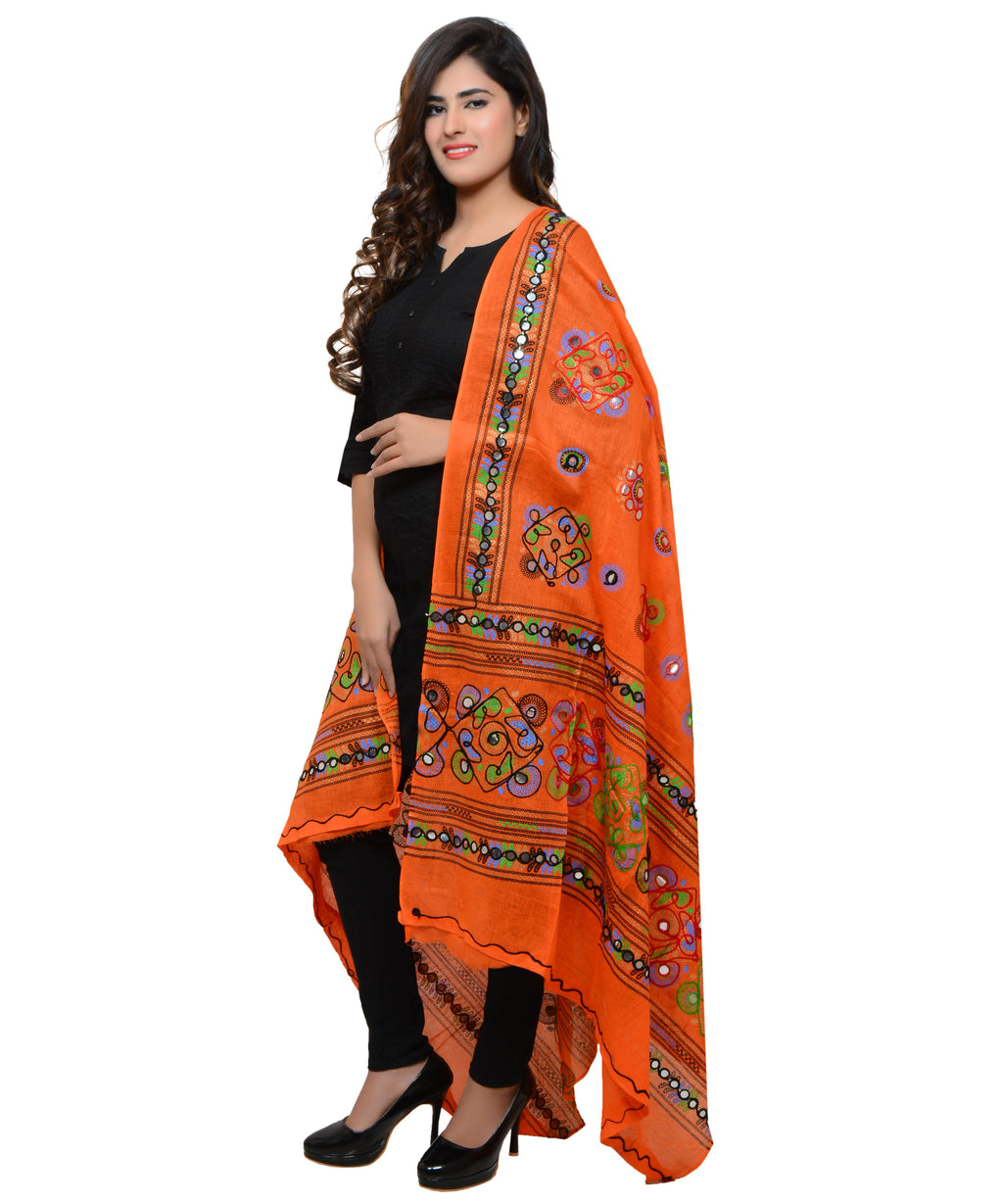 Banjara India Women's Pure Cotton Aari Embroidery & Foil Mirrors Dupatta (Chakachak) Tangy Orange - CHK11 - Banjara India