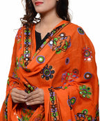 Banjara India Women's Pure Cotton Aari Embroidery & Foil Mirrors Dupatta (Chakachak) Tangy Orange - CHK11 - Banjara India