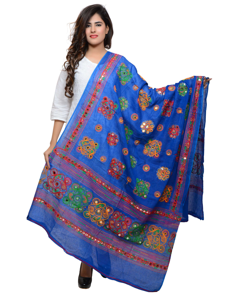 Banjara India Women's Pure Cotton Aari Embroidery & Foil Mirrors Dupatta (Chakachak) Blue - CHK12 - Banjara India
