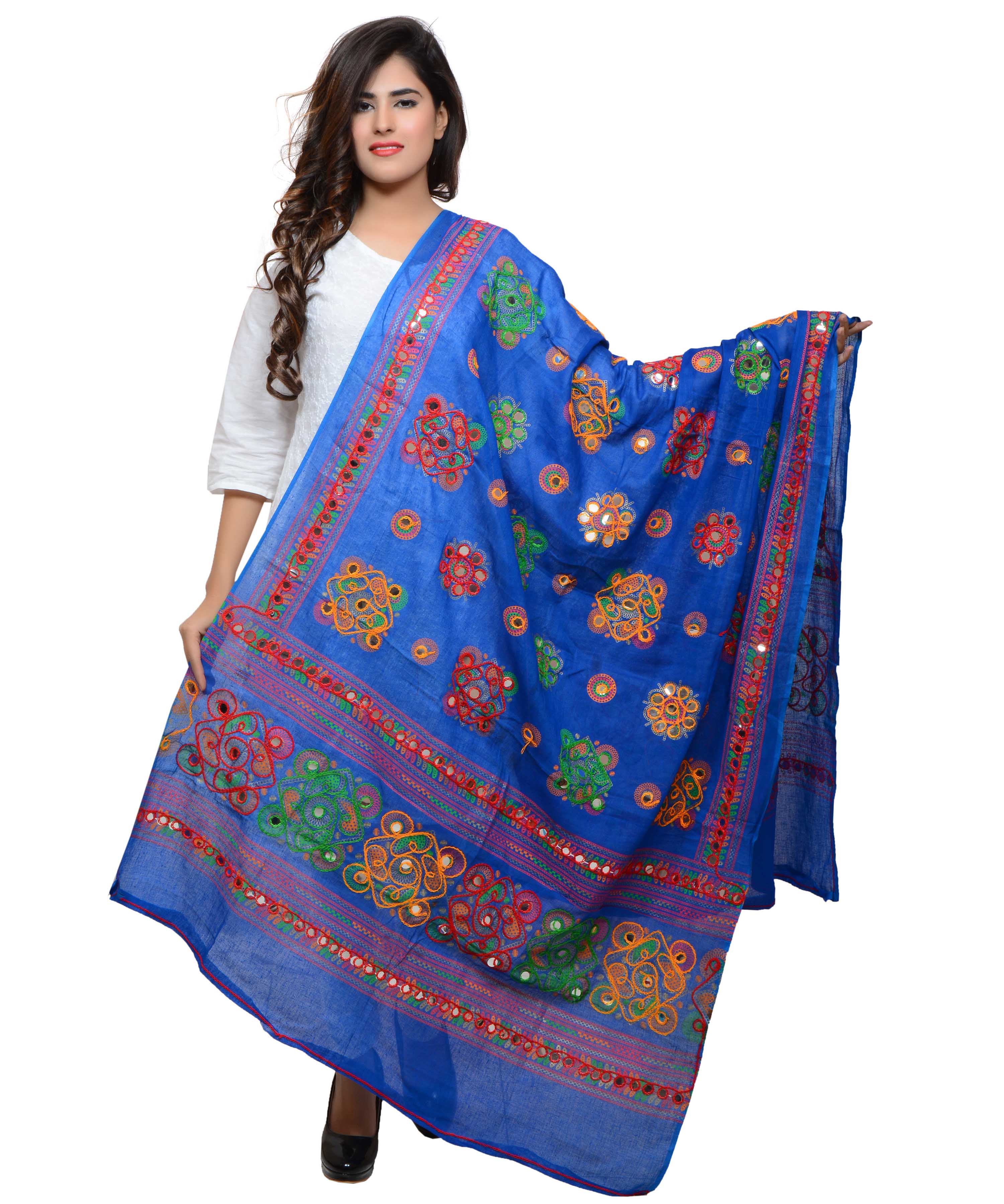 Banjara India Women's Pure Cotton Aari Embroidery & Foil Mirrors Dupatta (Chakachak) Blue - CHK12 - Banjara India