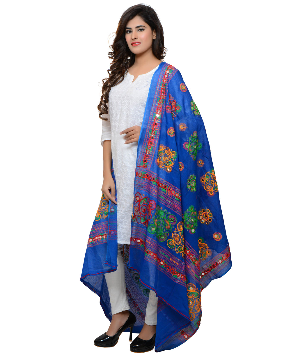 Banjara India Women's Pure Cotton Aari Embroidery & Foil Mirrors Dupatta (Chakachak) Blue - CHK12 - Banjara India