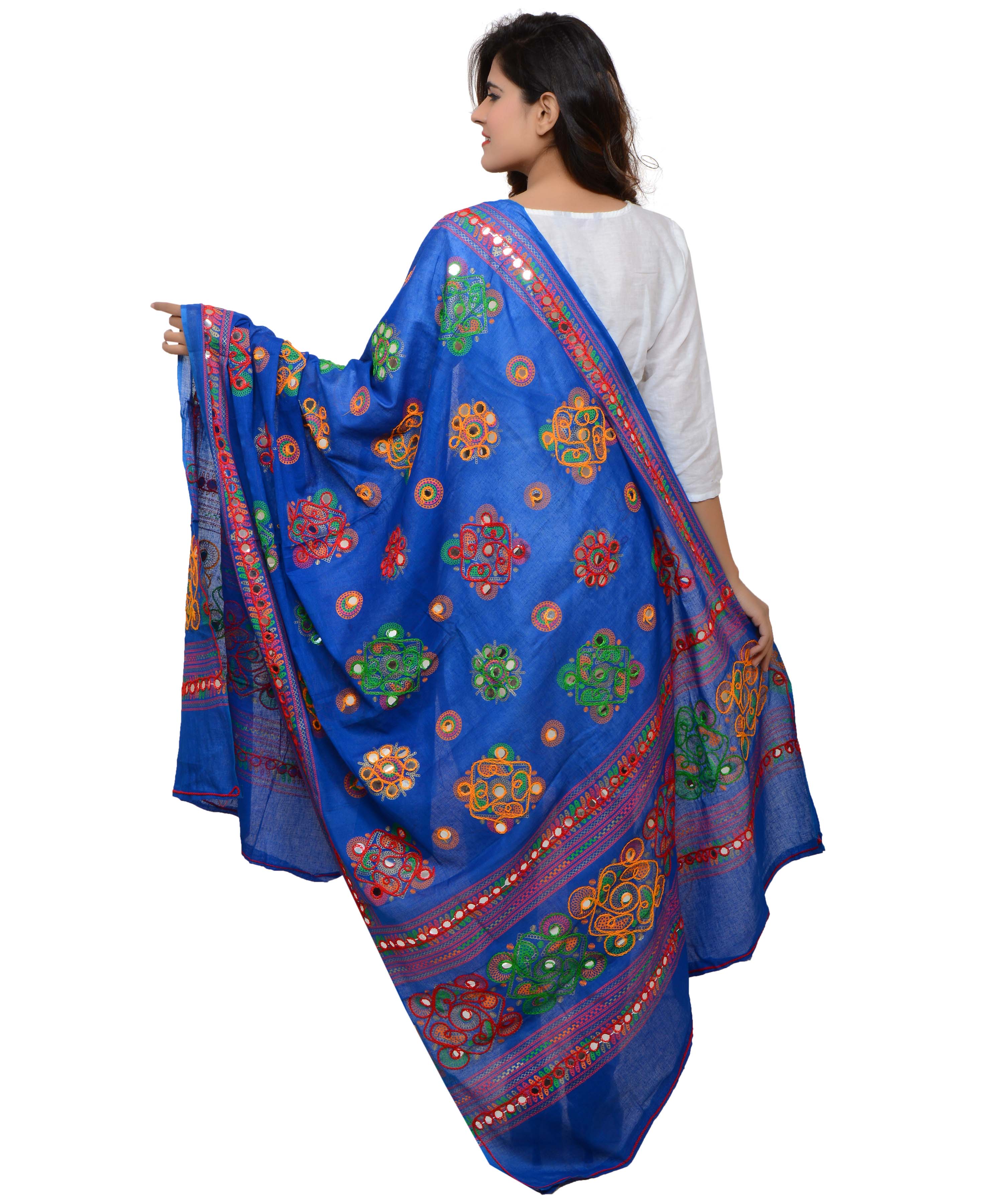Banjara India Women's Pure Cotton Aari Embroidery & Foil Mirrors Dupatta (Chakachak) Blue - CHK12 - Banjara India