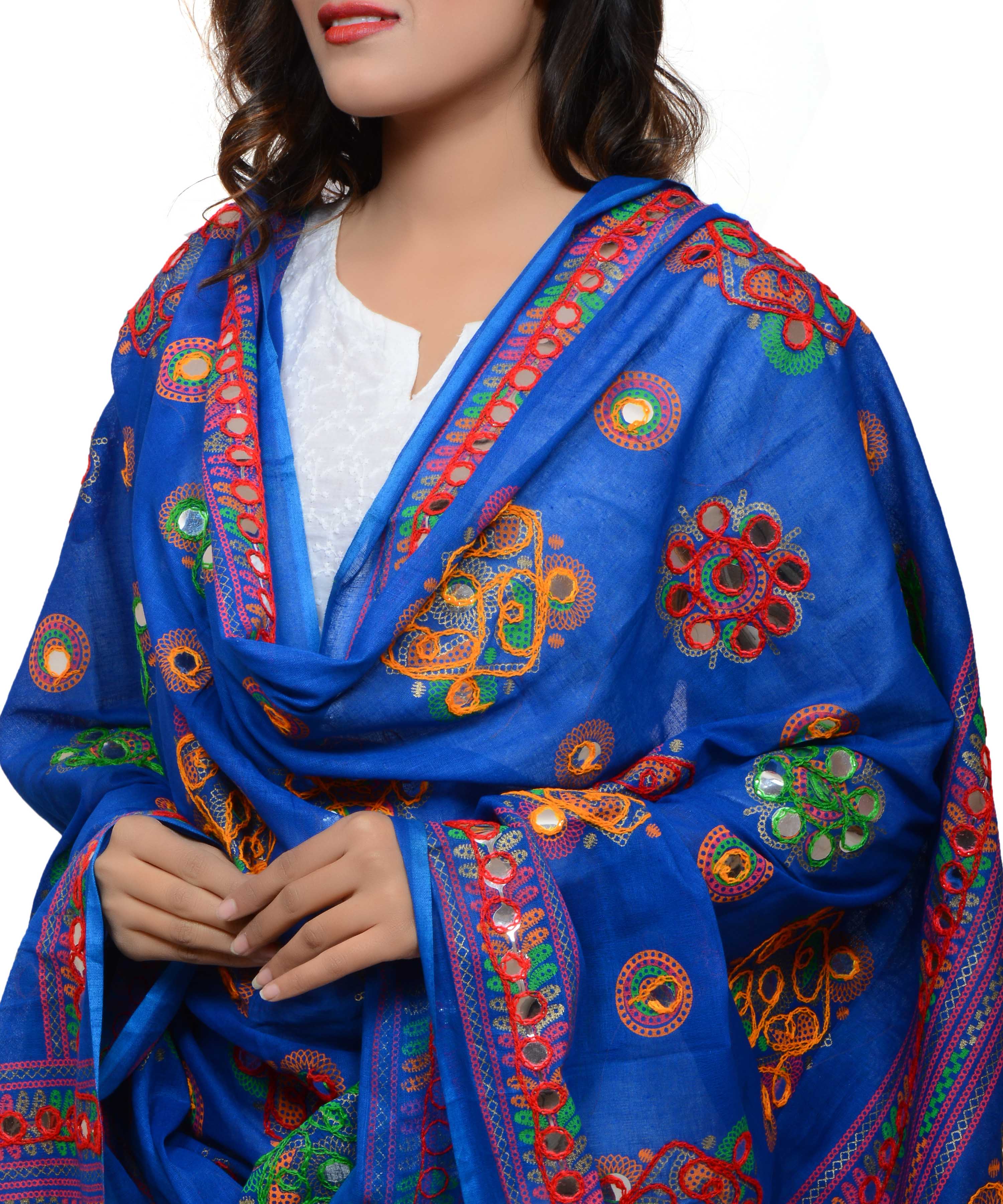 Banjara India Women's Pure Cotton Aari Embroidery & Foil Mirrors Dupatta (Chakachak) Blue - CHK12 - Banjara India