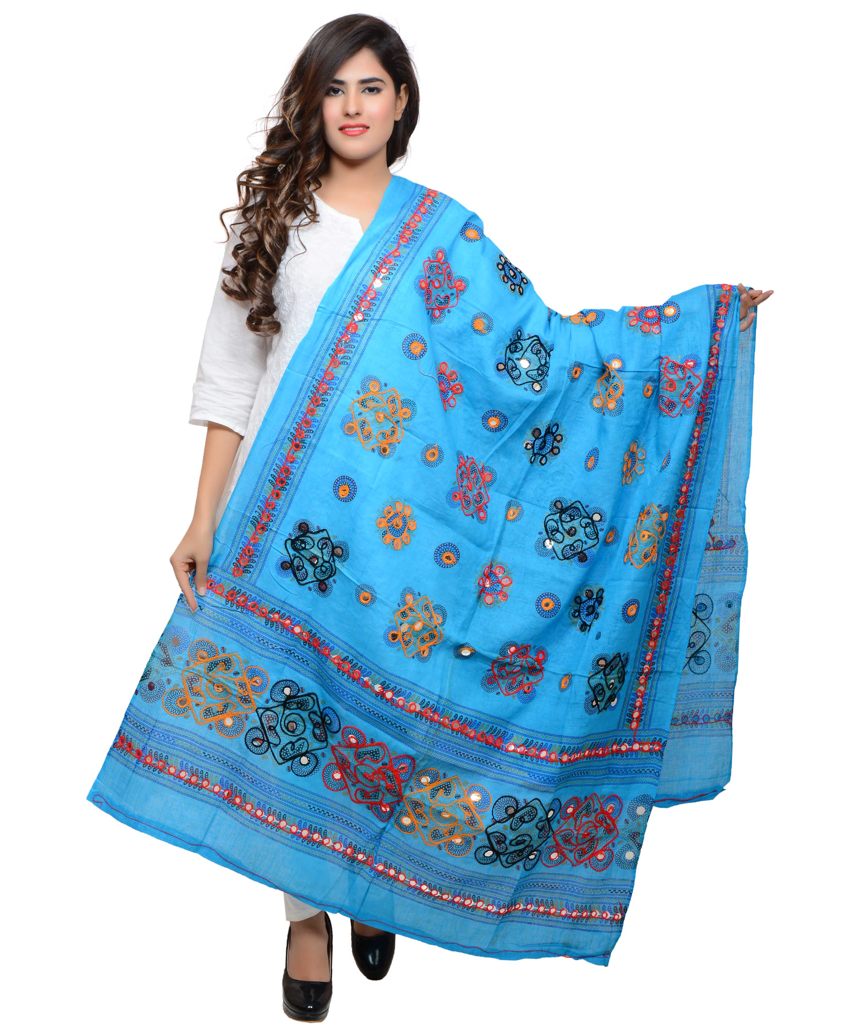 Banjara India Women's Pure Cotton Aari Embroidery & Foil Mirrors Dupatta (Chakachak) Turquoise Blue- CHK13 - Banjara India