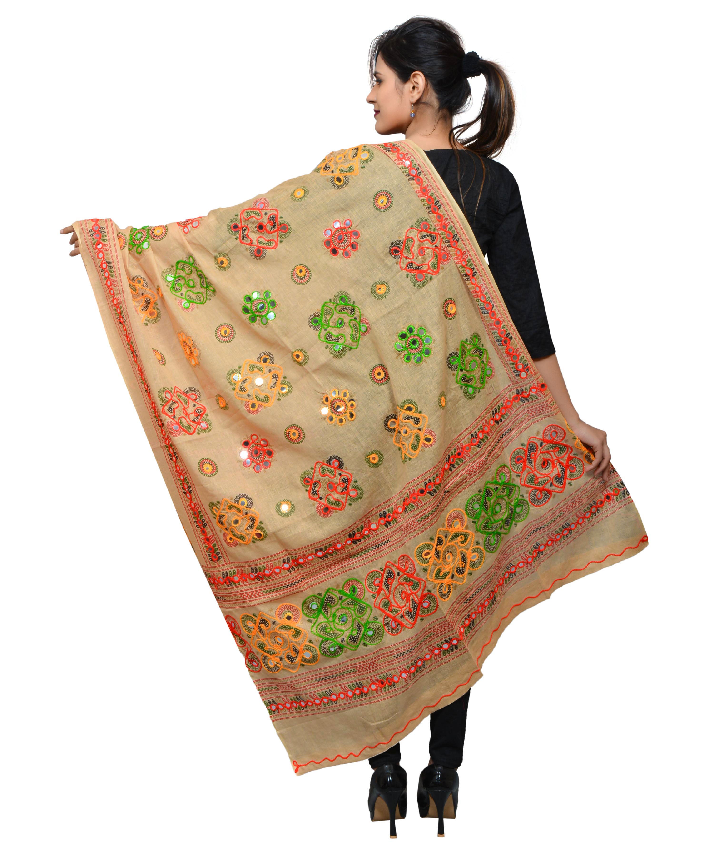 Banjara India Women's Pure Cotton Aari Embroidery & Foil Mirrors Dupatta (Chakachak) Beige - CHK14 - Banjara India