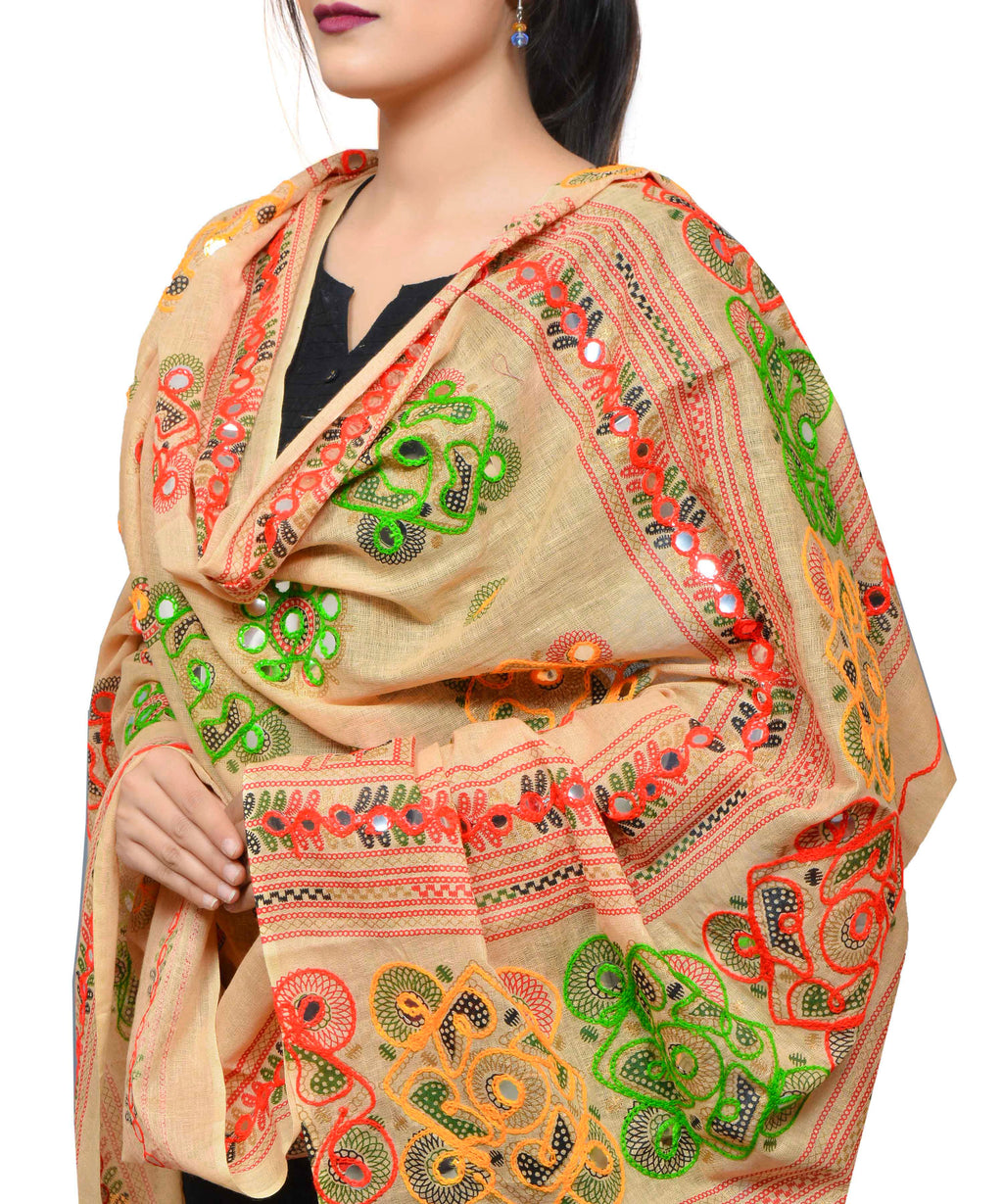 Banjara India Women's Pure Cotton Aari Embroidery & Foil Mirrors Dupatta (Chakachak) Beige - CHK14 - Banjara India