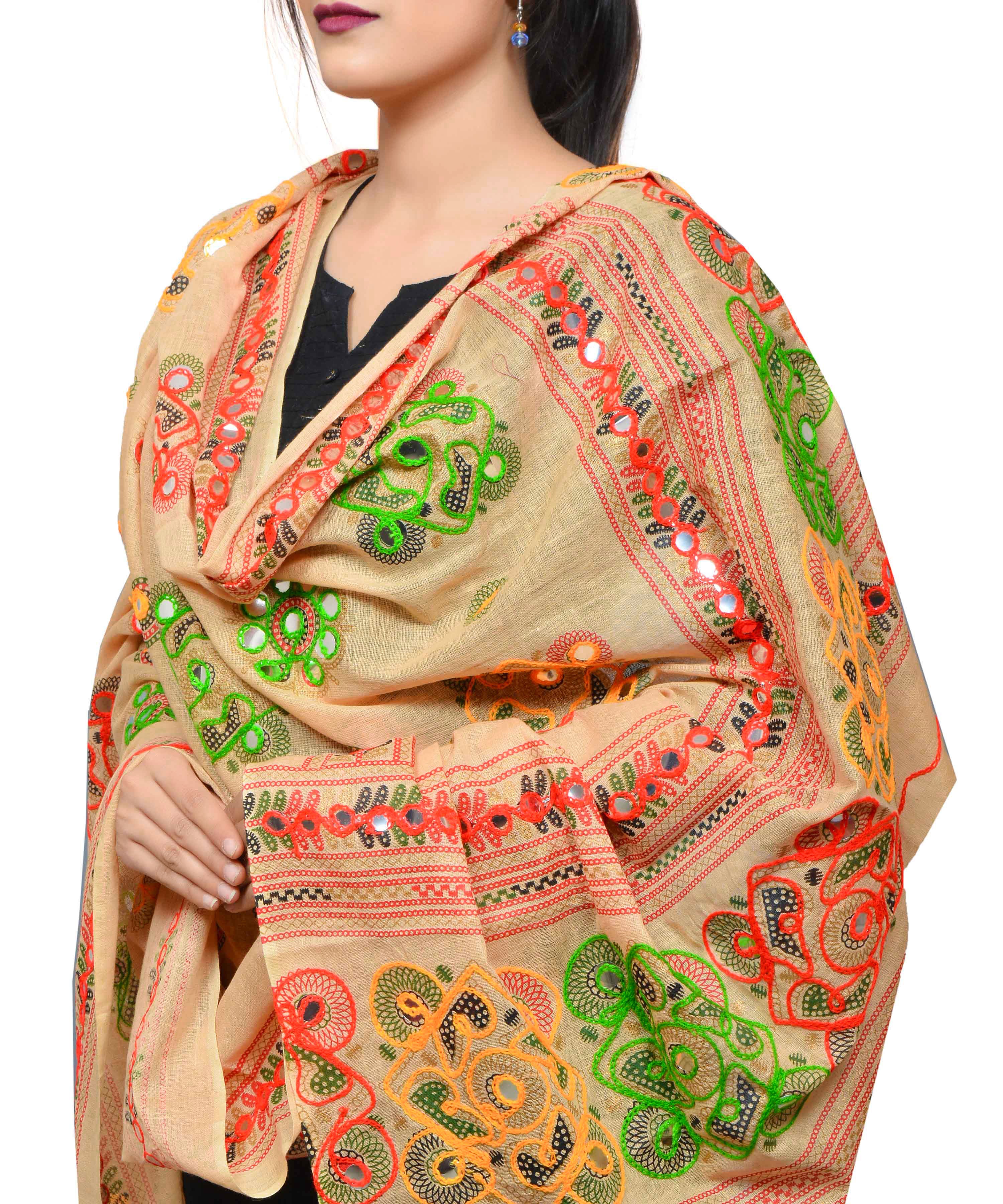 Banjara India Women's Pure Cotton Aari Embroidery & Foil Mirrors Dupatta (Chakachak) Beige - CHK14 - Banjara India