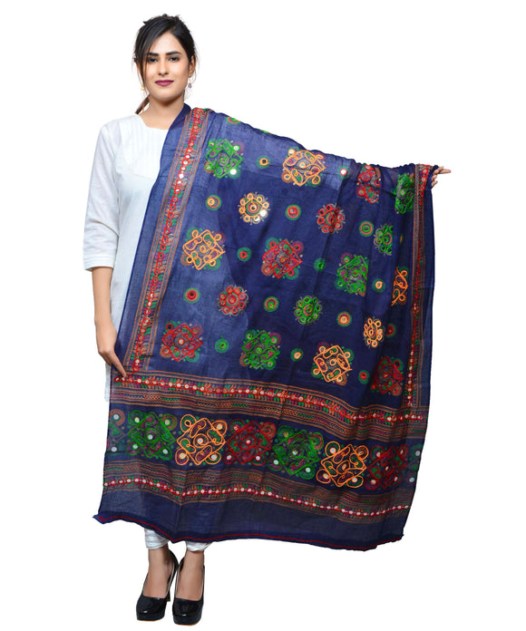 Banjara India Women's Pure Cotton Aari Embroidery & Foil Mirrors Dupatta (Chakachak) Navy Blue - CHK15 - Banjara India