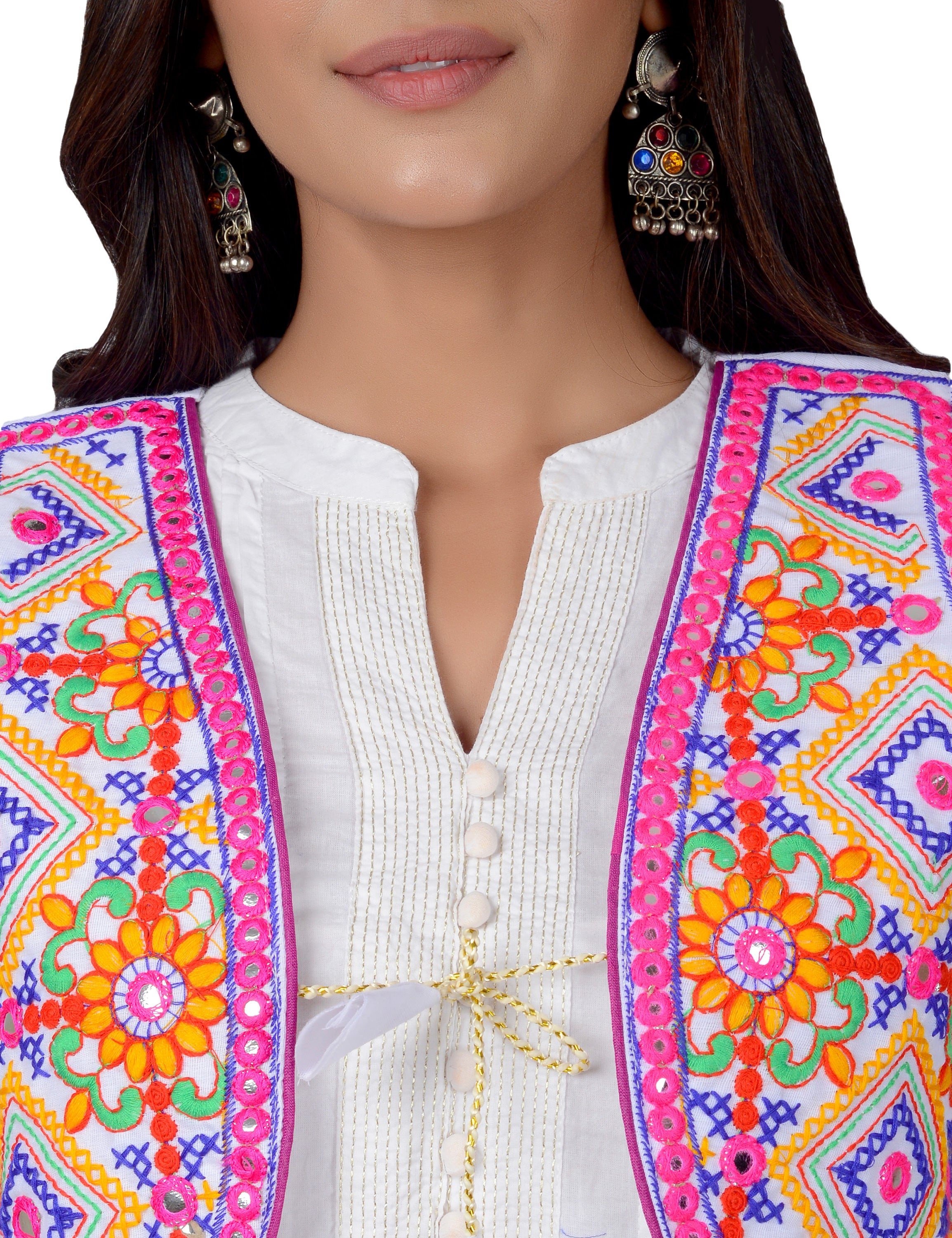 Cotton Kutchi Embroidered Short Jacket/Koti/Shrug (CJK-02) -White