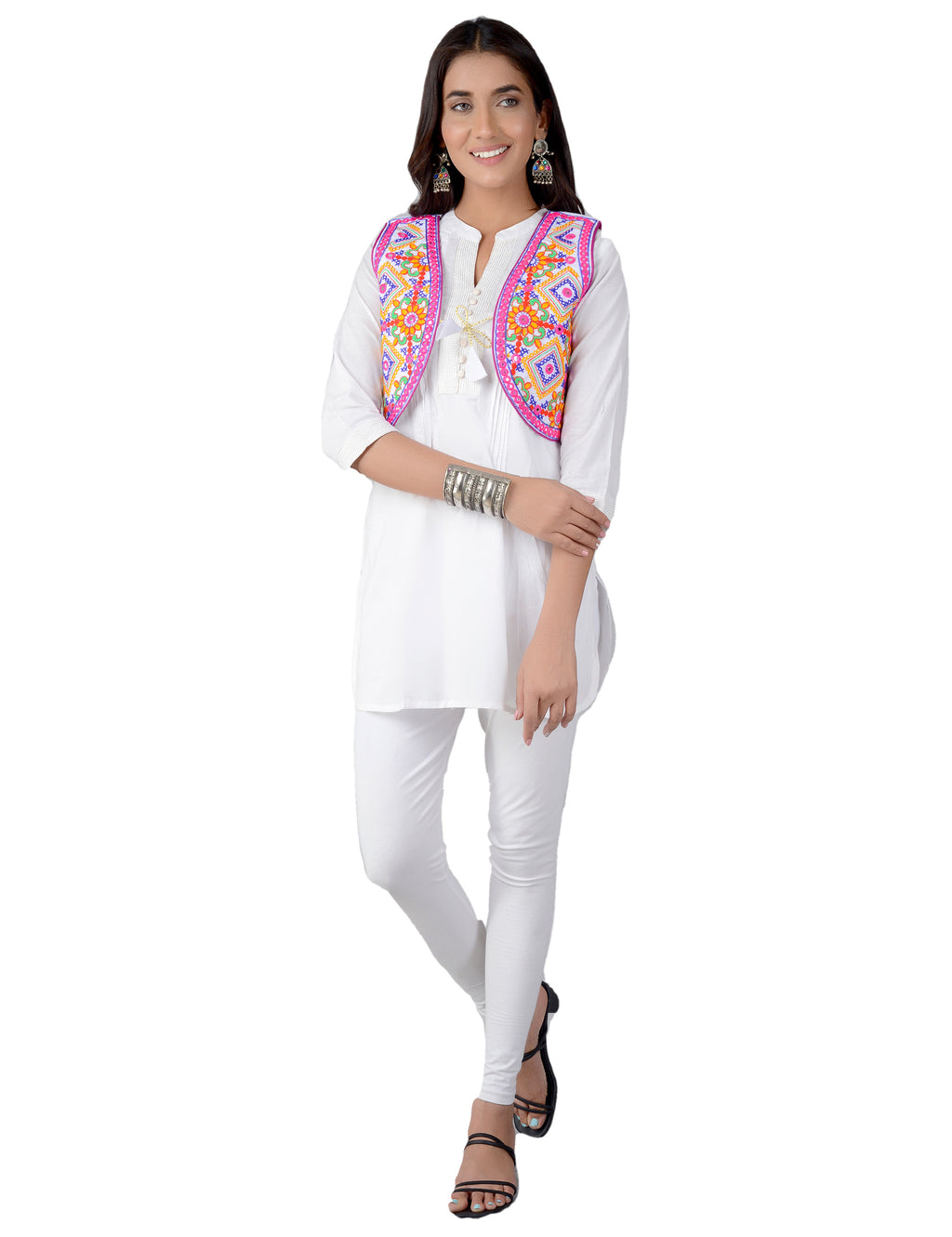 Cotton Kutchi Embroidered Short Jacket/Koti/Shrug (CJK-02) -White