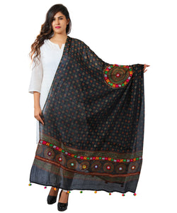 Banjara India Women's Pure Cotton Real Mirrorwork & Hand Embroidery Dupatta (Kutchi Chakkar) Black - CKR01 - Banjara India
