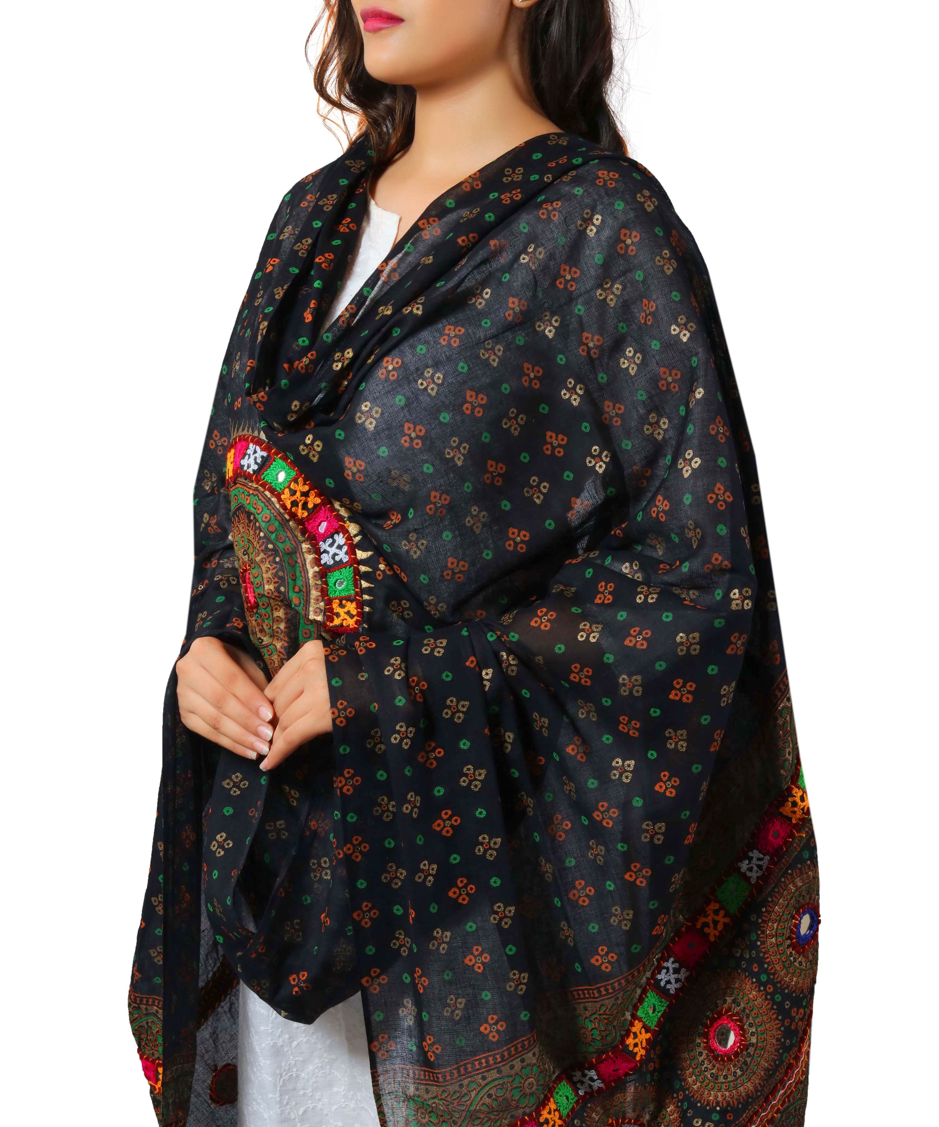 Banjara India Women's Pure Cotton Real Mirrorwork & Hand Embroidery Dupatta (Kutchi Chakkar) Black - CKR01 - Banjara India