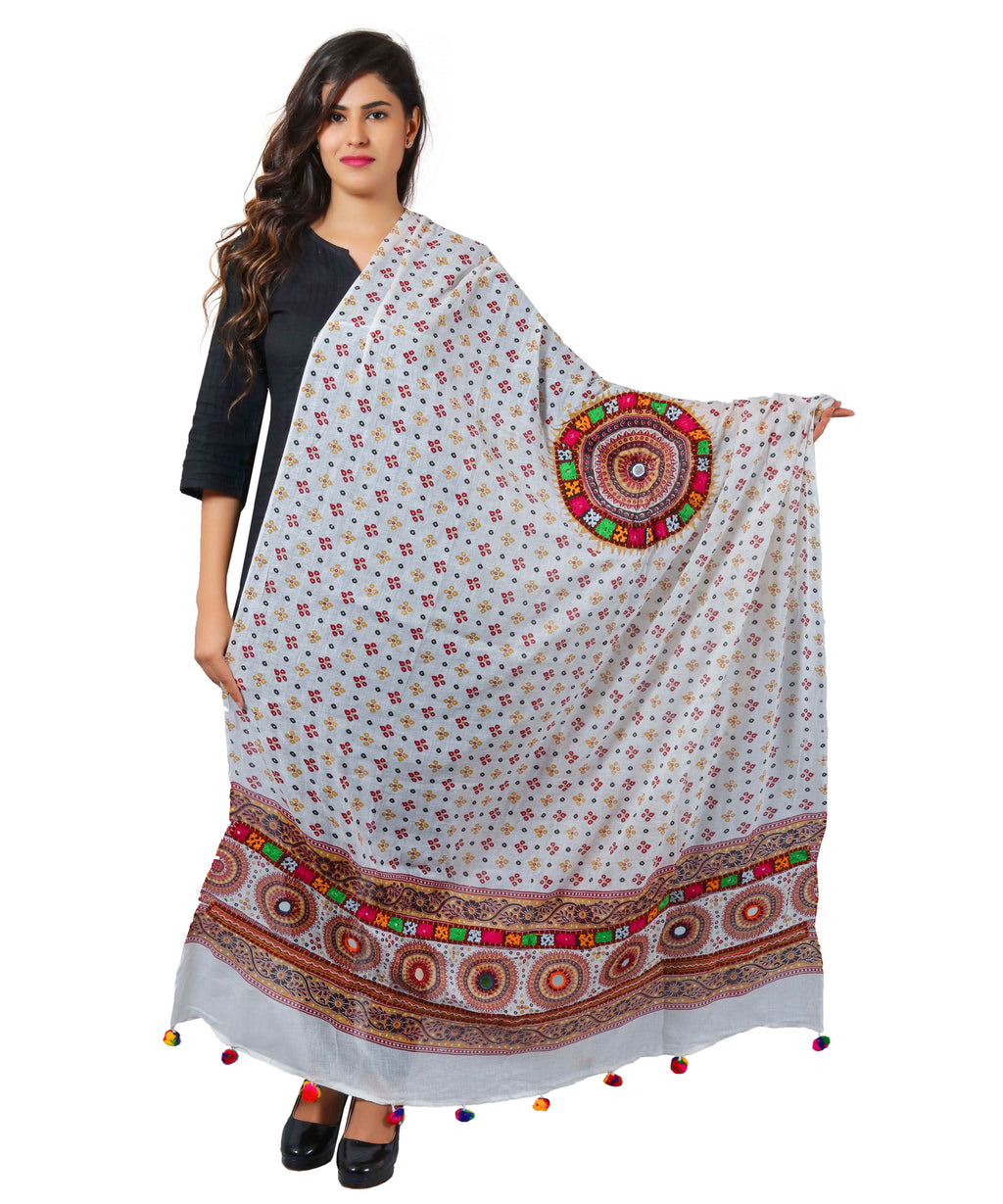 Banjara India Women's Pure Cotton Real Mirrorwork & Hand Embroidery Dupatta (Kutchi Chakkar) White - CKR02 - Banjara India
