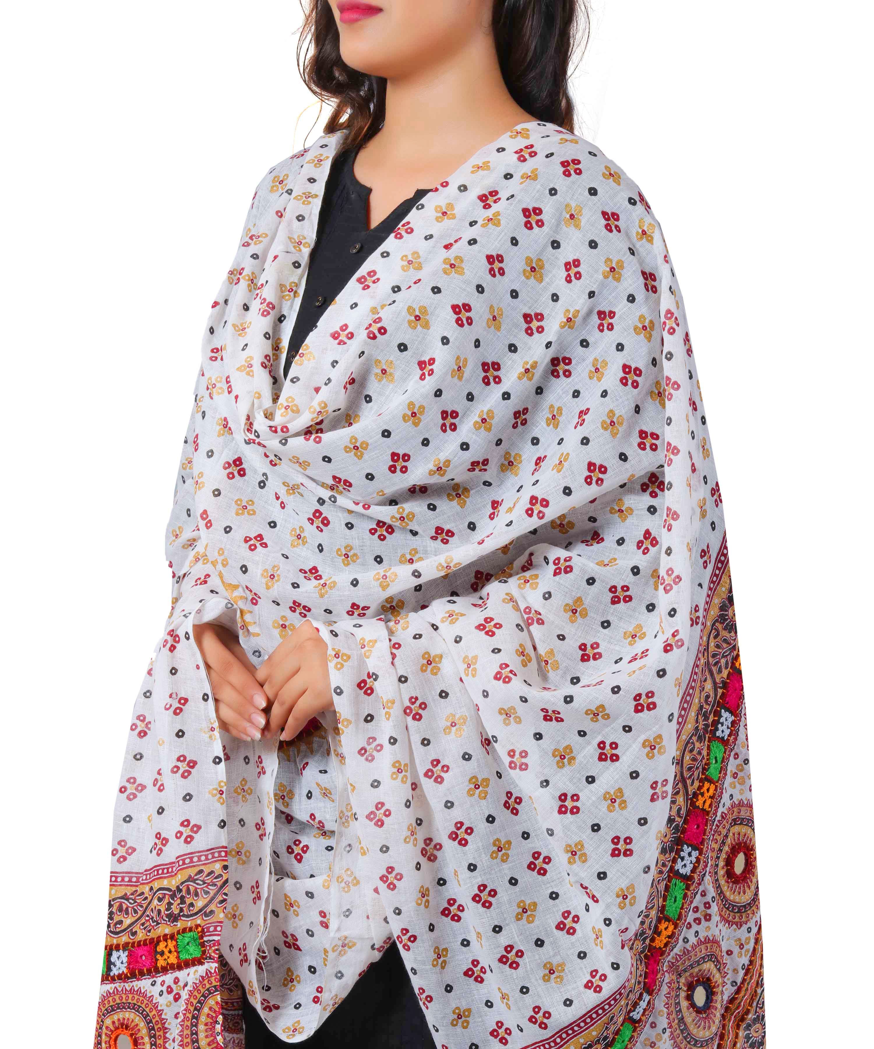 Banjara India Women's Pure Cotton Real Mirrorwork & Hand Embroidery Dupatta (Kutchi Chakkar) White - CKR02 - Banjara India
