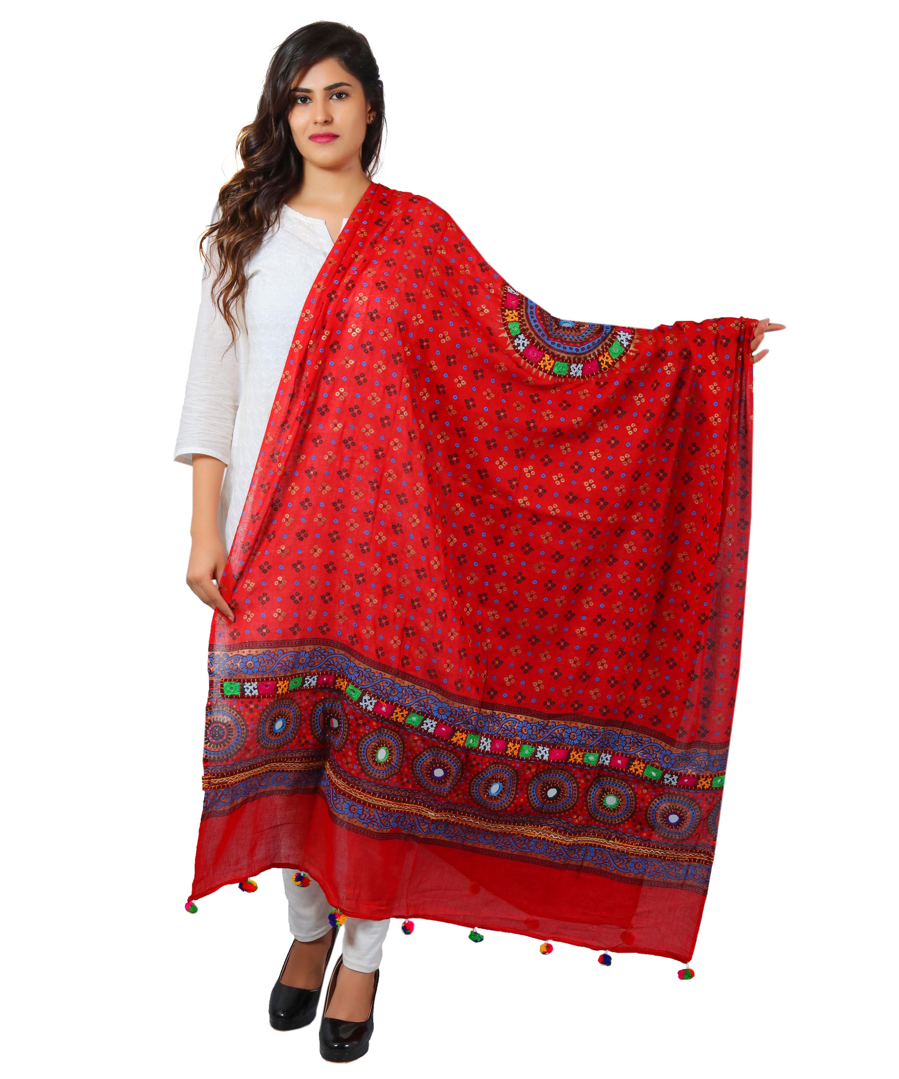 Banjara India Women's Pure Cotton Real Mirrorwork & Hand Embroidery Dupatta (Kutchi Chakkar) Red - CKR03 - Banjara India