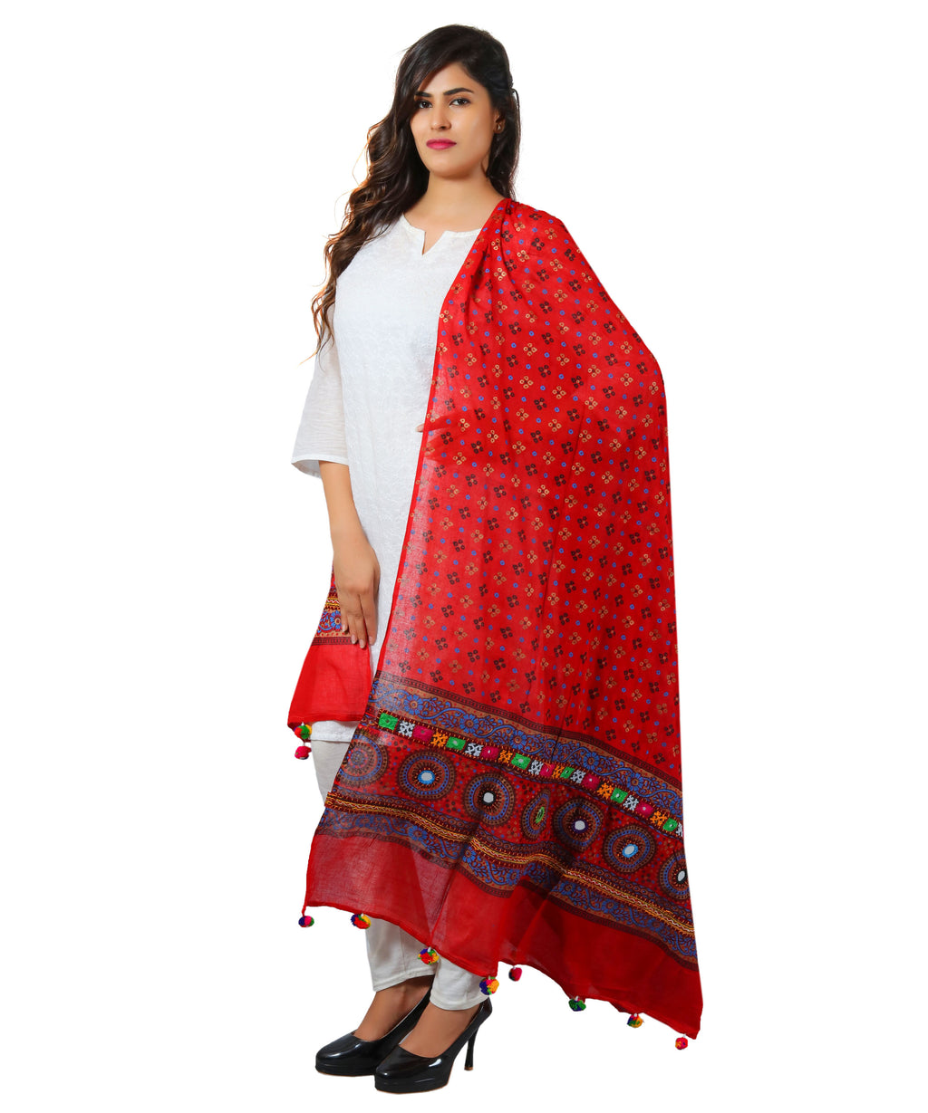 Banjara India Women's Pure Cotton Real Mirrorwork & Hand Embroidery Dupatta (Kutchi Chakkar) Red - CKR03 - Banjara India