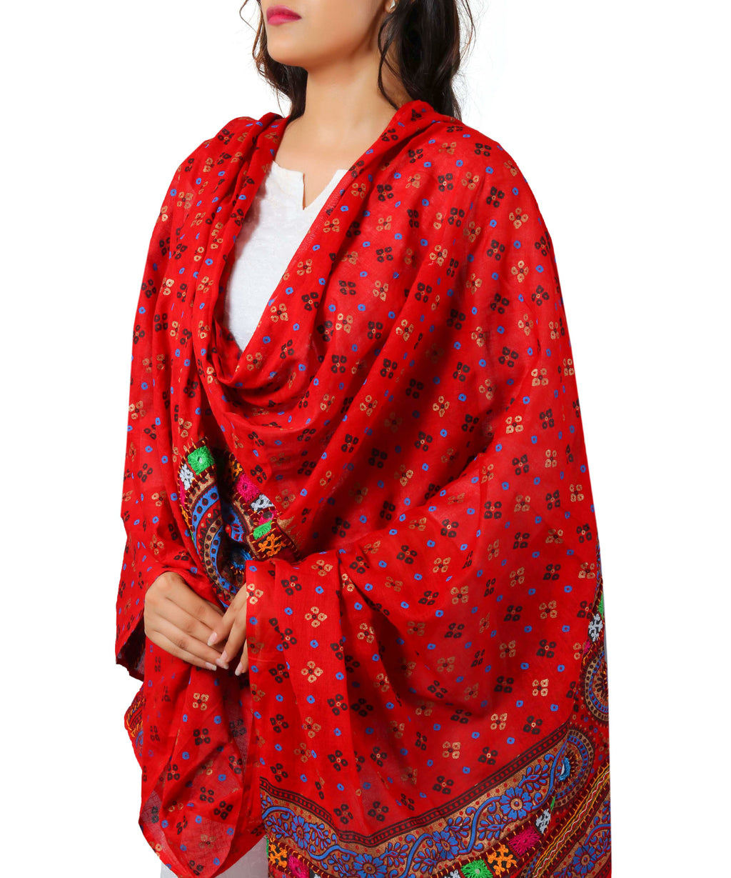Banjara India Women's Pure Cotton Real Mirrorwork & Hand Embroidery Dupatta (Kutchi Chakkar) Red - CKR03 - Banjara India