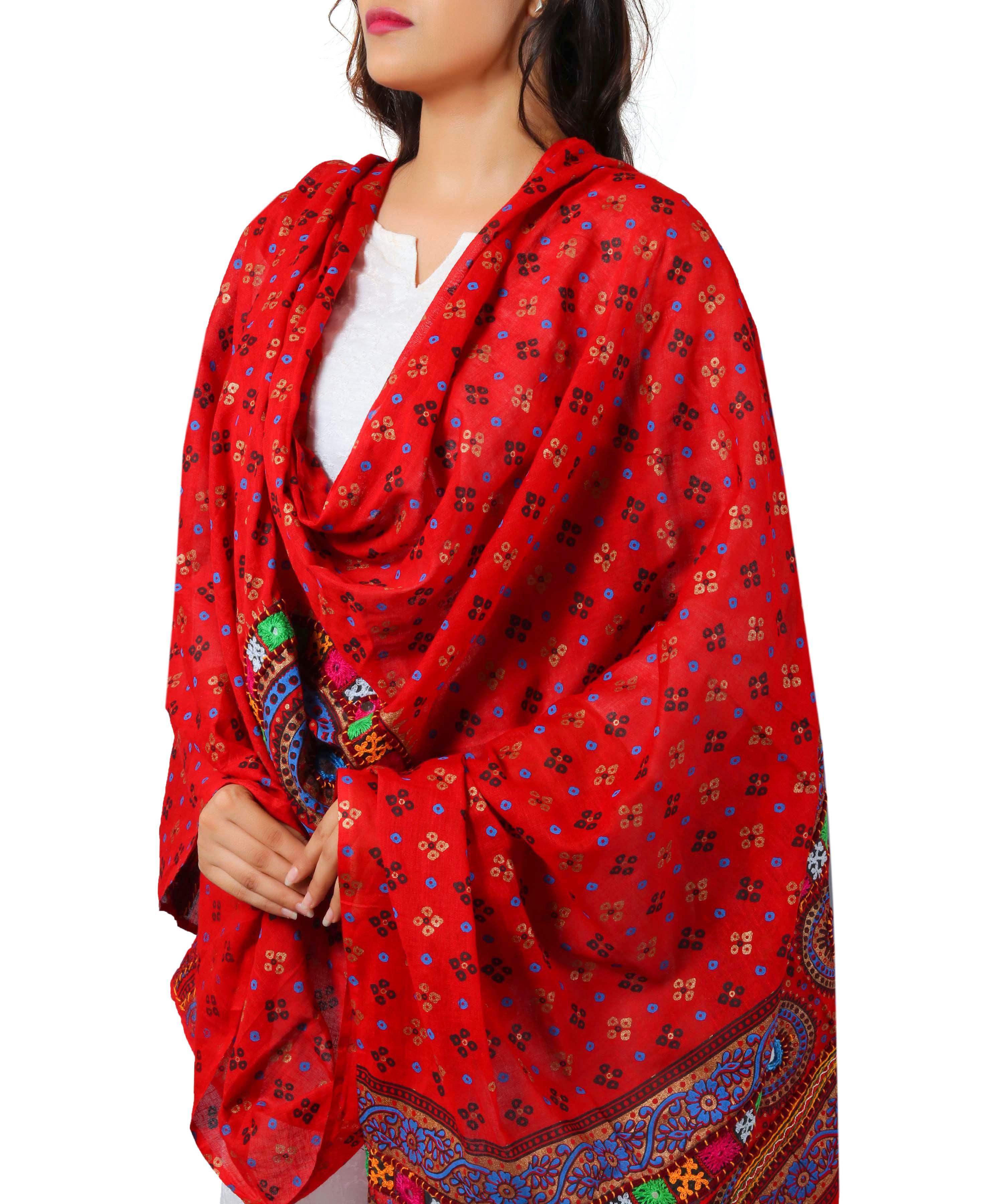 Banjara India Women's Pure Cotton Real Mirrorwork & Hand Embroidery Dupatta (Kutchi Chakkar) Red - CKR03 - Banjara India