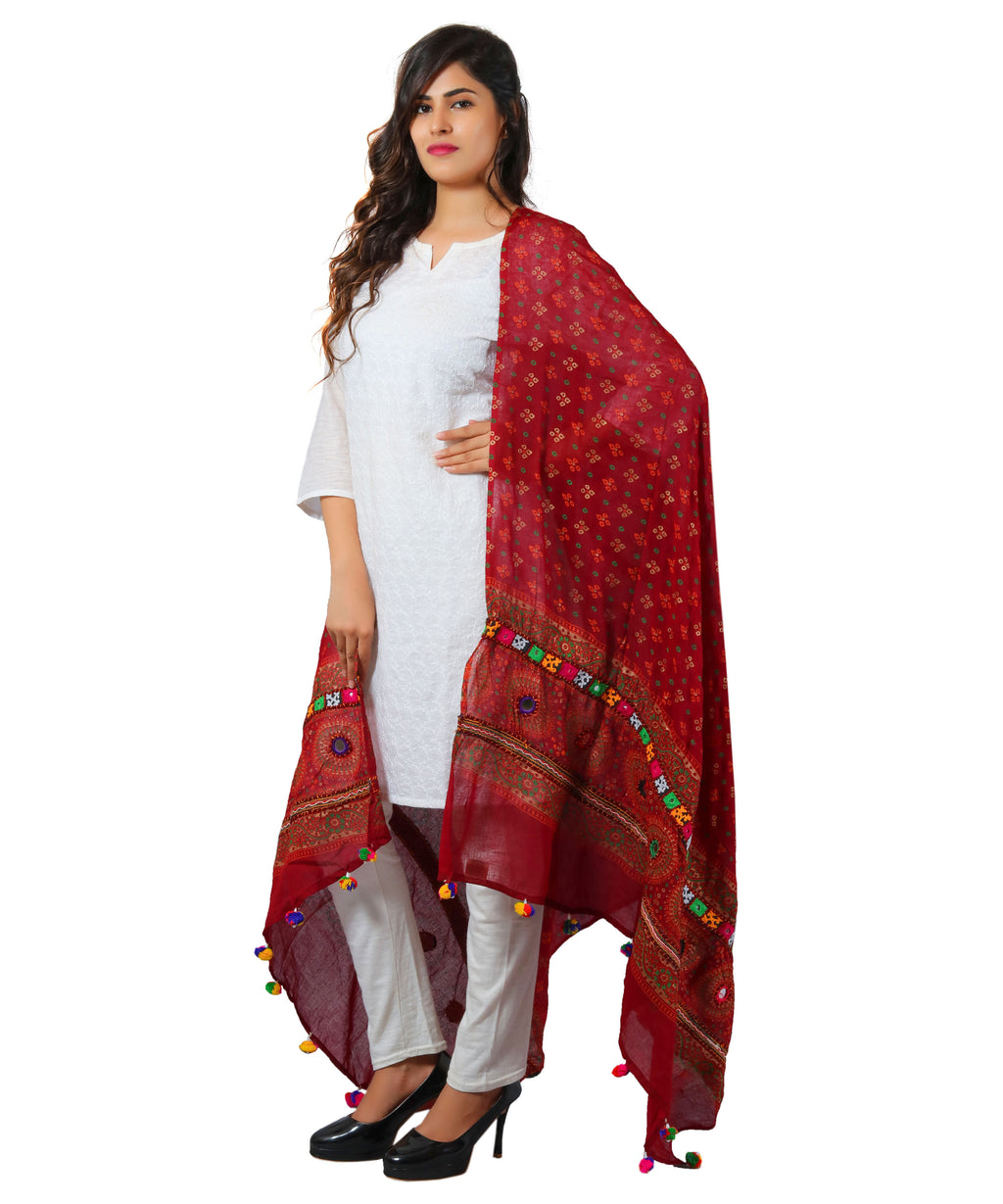 Banjara India Women's Pure Cotton Real Mirrorwork & Hand Embroidery Dupatta (Kutchi Chakkar) Maroon - CKR04 - Banjara India