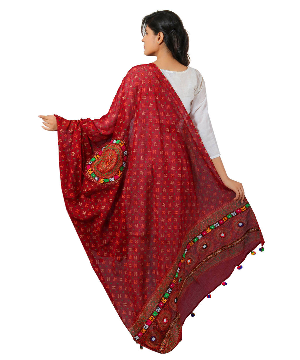 Banjara India Women's Pure Cotton Real Mirrorwork & Hand Embroidery Dupatta (Kutchi Chakkar) Maroon - CKR04 - Banjara India
