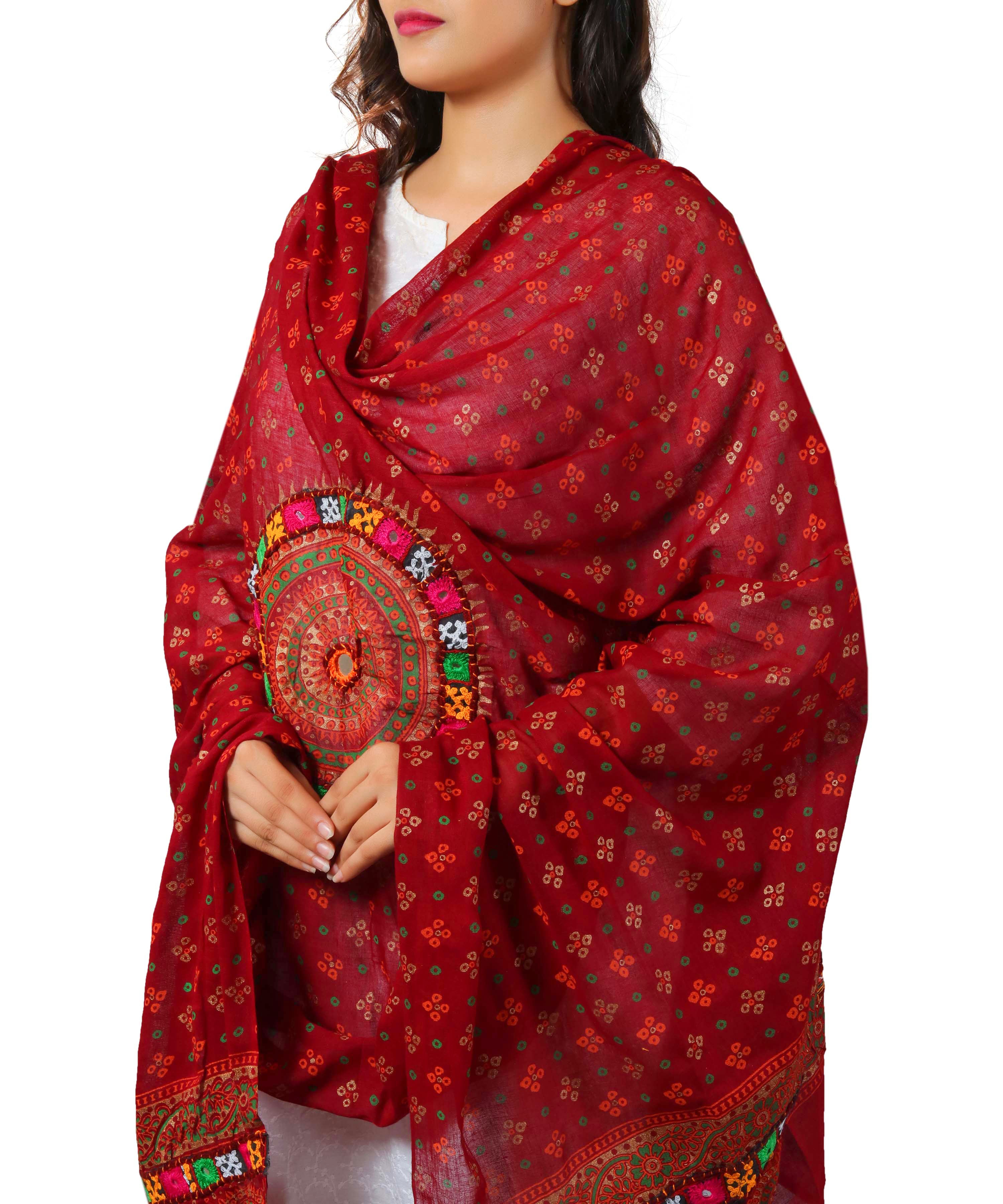 Banjara India Women's Pure Cotton Real Mirrorwork & Hand Embroidery Dupatta (Kutchi Chakkar) Maroon - CKR04 - Banjara India