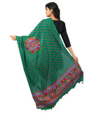 Banjara India Women's Pure Cotton Real Mirrorwork & Hand Embroidery Dupatta (Kutchi Chakkar) Dark Green  - CKR05 - Banjara India
