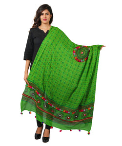 Banjara India Women's Pure Cotton Real Mirrorwork & Hand Embroidery Dupatta (Kutchi Chakkar) Parrot Green - CKR06 - Banjara India