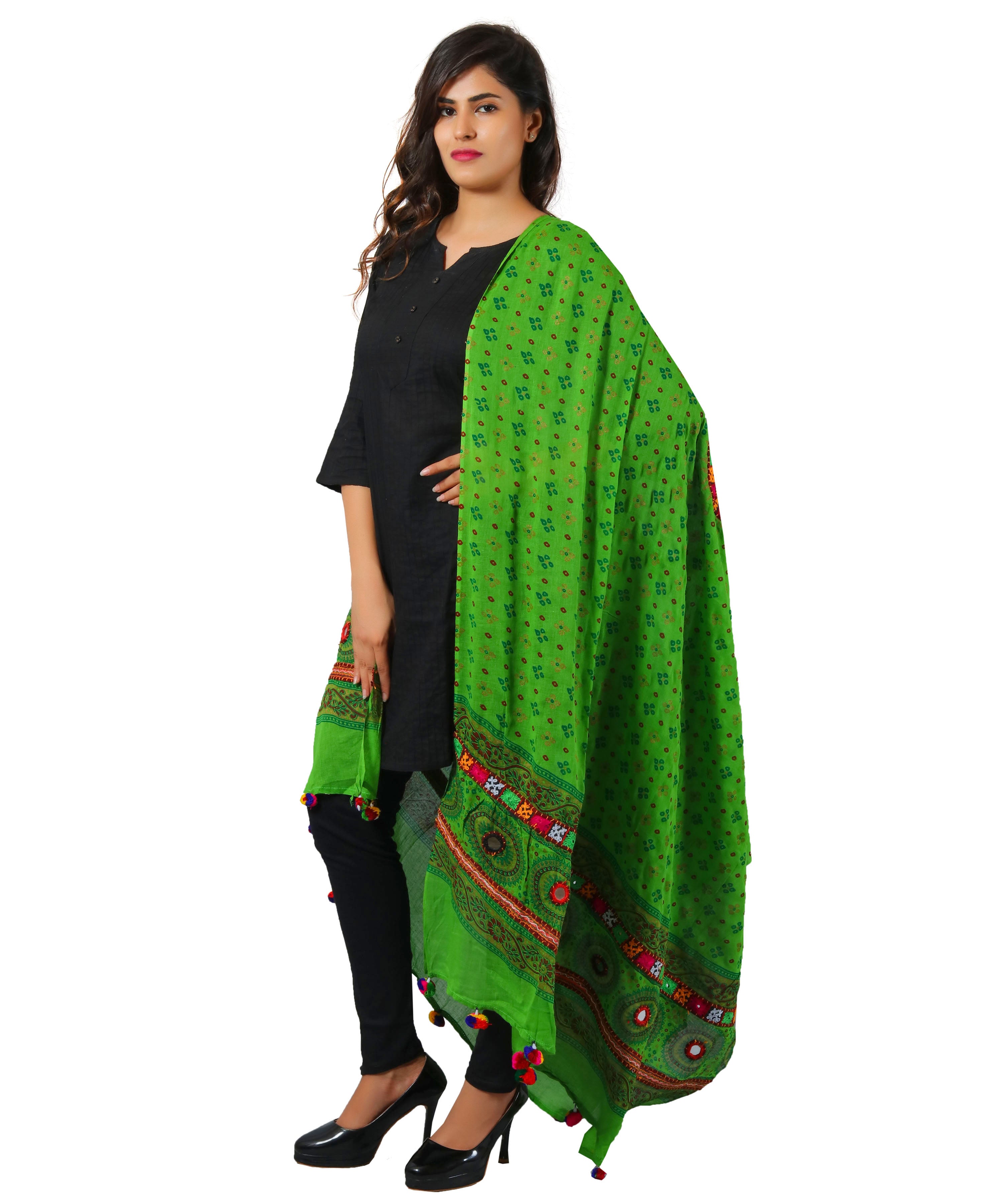 Banjara India Women's Pure Cotton Real Mirrorwork & Hand Embroidery Dupatta (Kutchi Chakkar) Parrot Green - CKR06 - Banjara India