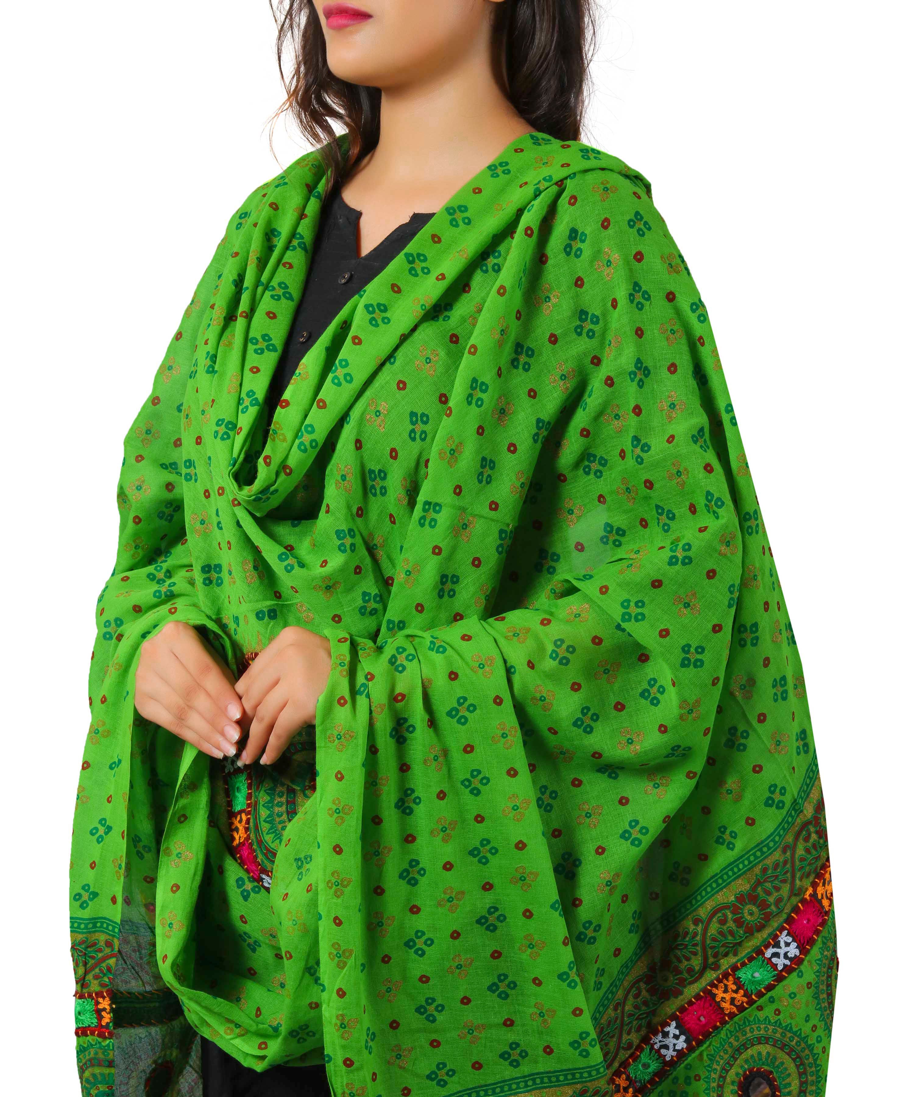 Banjara India Women's Pure Cotton Real Mirrorwork & Hand Embroidery Dupatta (Kutchi Chakkar) Parrot Green - CKR06 - Banjara India