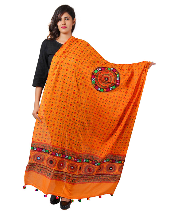 Pure Cotton Real Mirrorwork & Hand Embroidery Dupatta (Kutchi Chakkar) Light Orange - CKR07