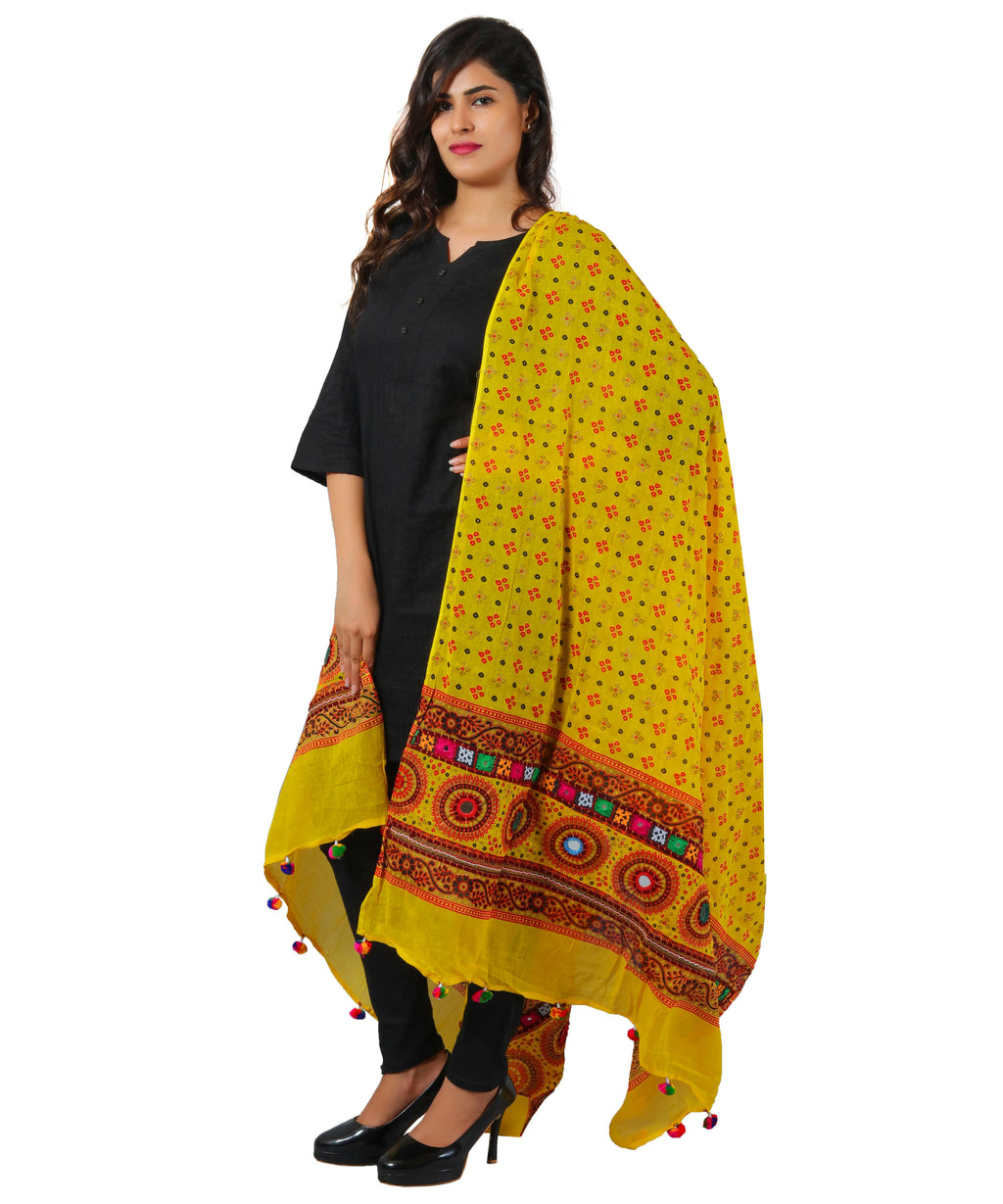 Pure Cotton Real Mirrorwork & Hand Embroidery Dupatta (Kutchi Chakkar) Lemon Yellow - CKR08