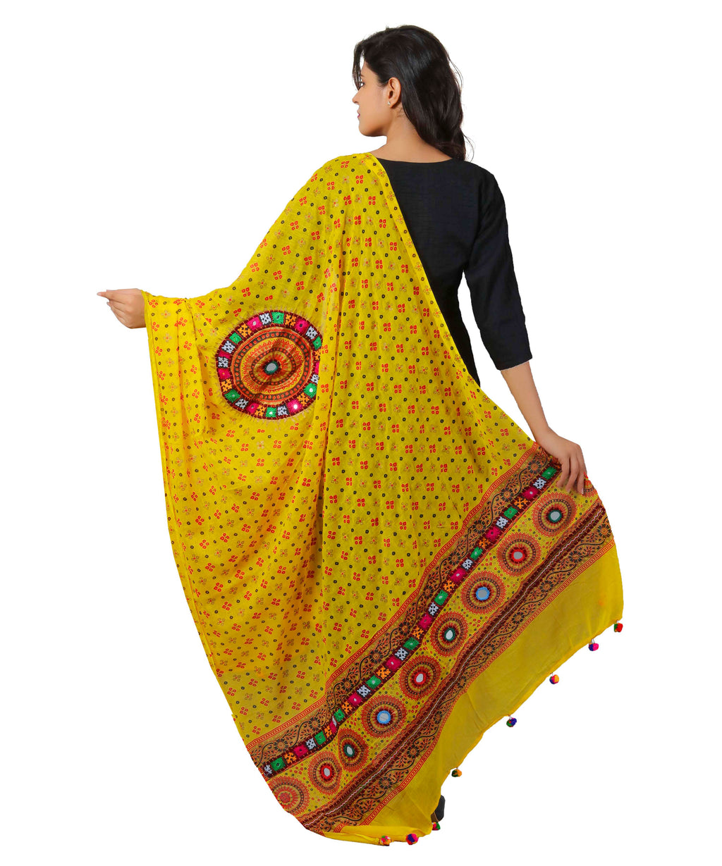 Pure Cotton Real Mirrorwork & Hand Embroidery Dupatta (Kutchi Chakkar) Lemon Yellow - CKR08
