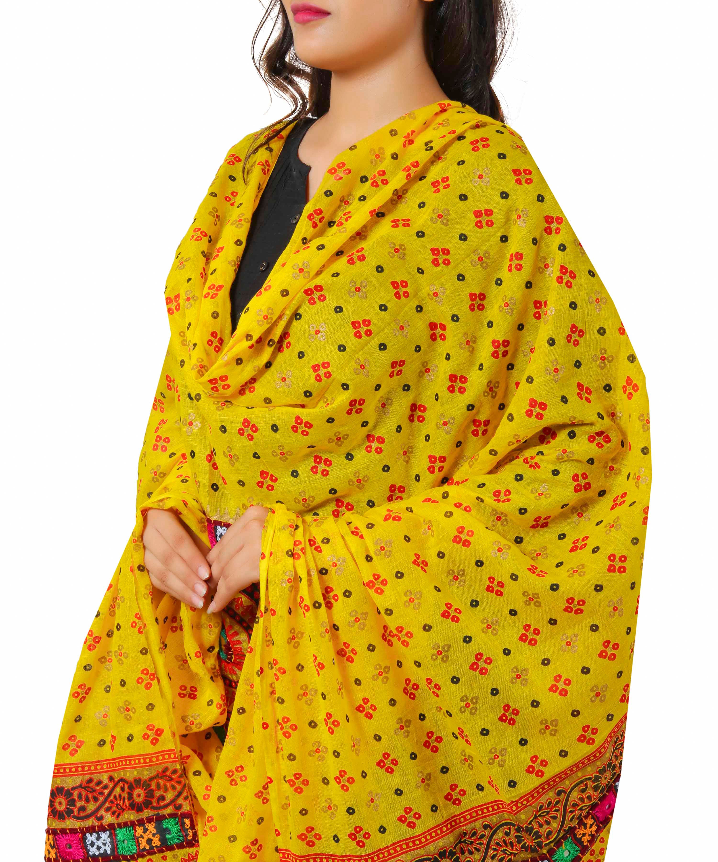 Pure Cotton Real Mirrorwork & Hand Embroidery Dupatta (Kutchi Chakkar) Lemon Yellow - CKR08