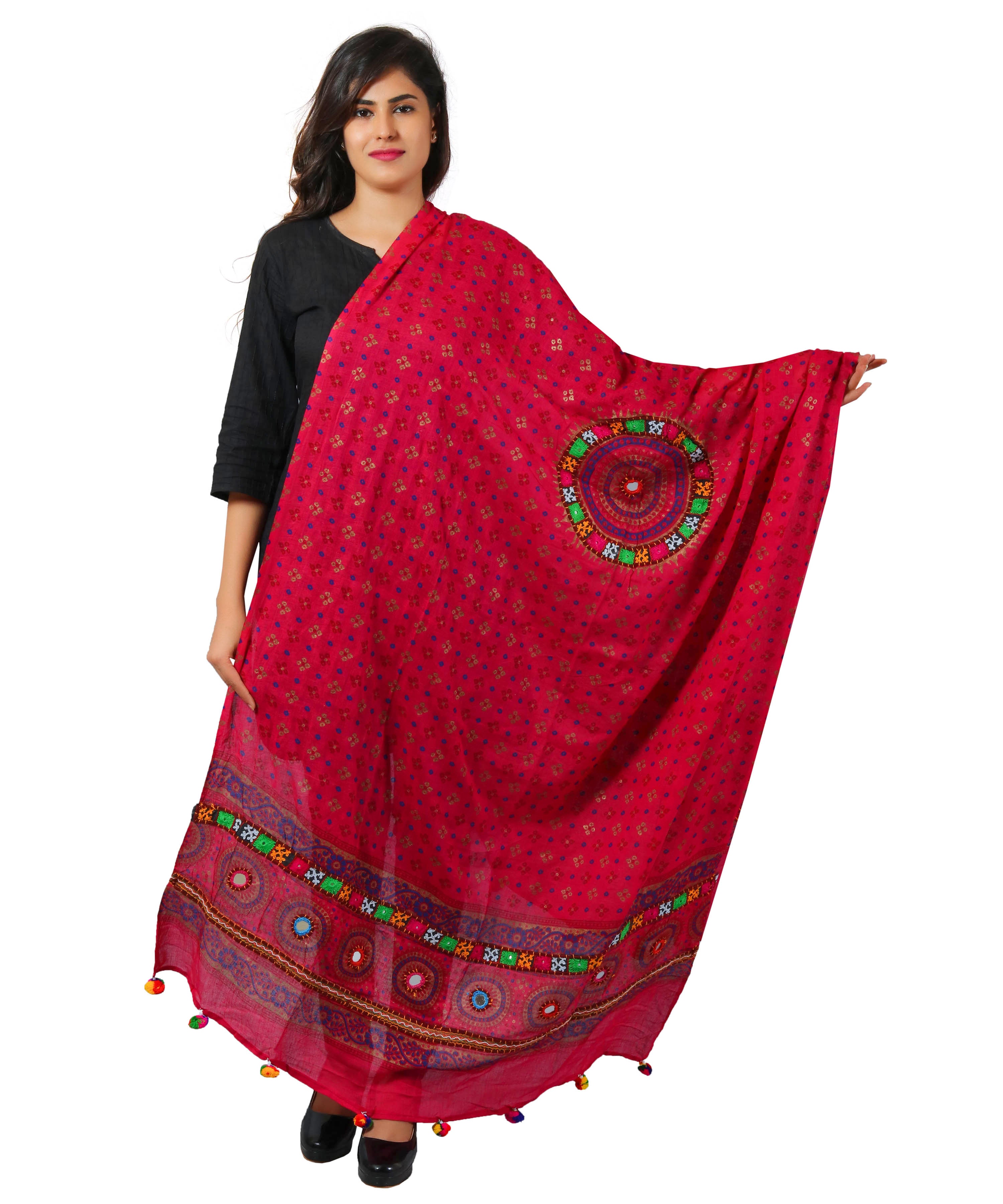 Pure Cotton Real Mirrorwork & Hand Embroidery Dupatta (Kutchi Chakkar) Pink - CKR09