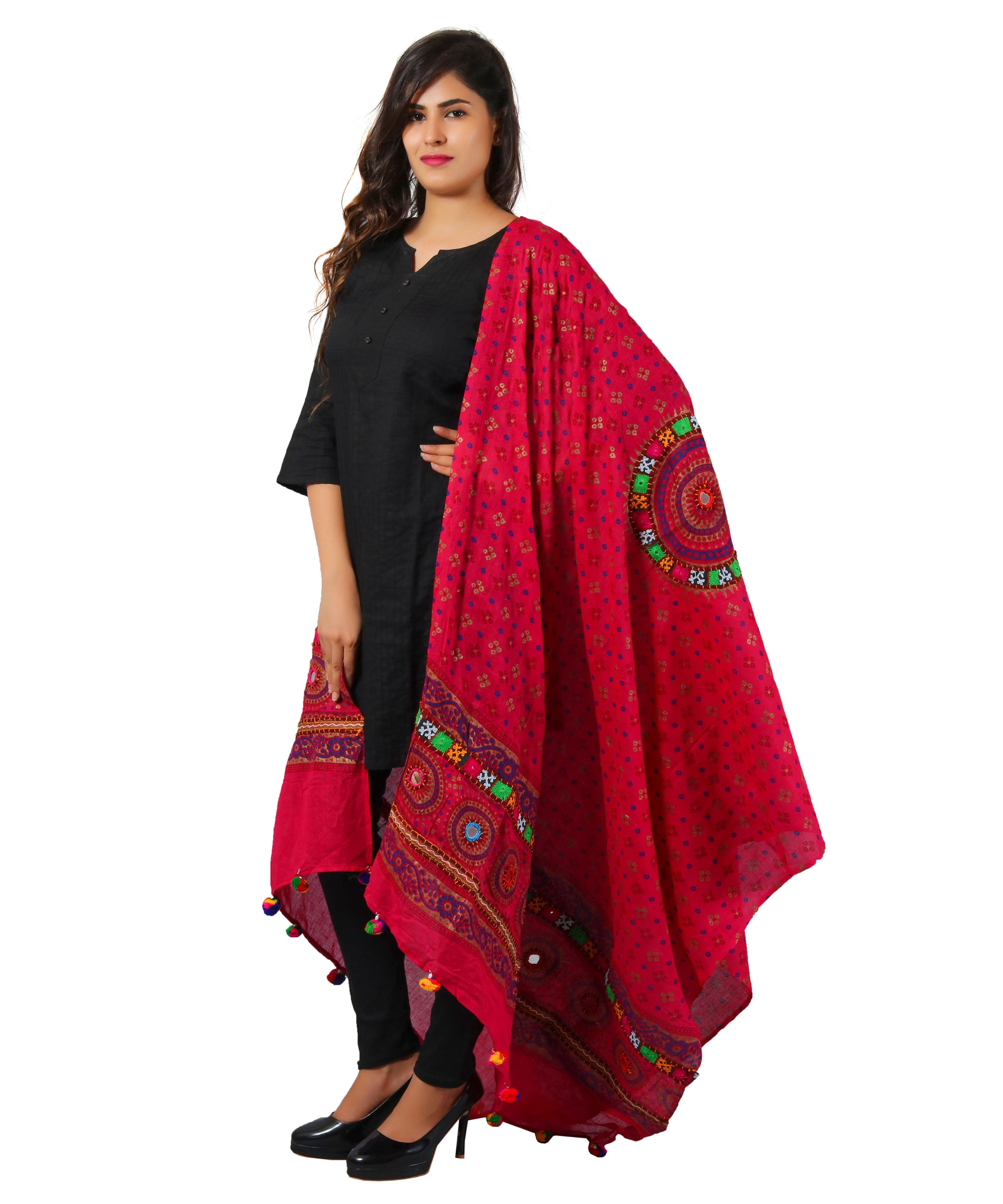 Pure Cotton Real Mirrorwork & Hand Embroidery Dupatta (Kutchi Chakkar) Pink - CKR09