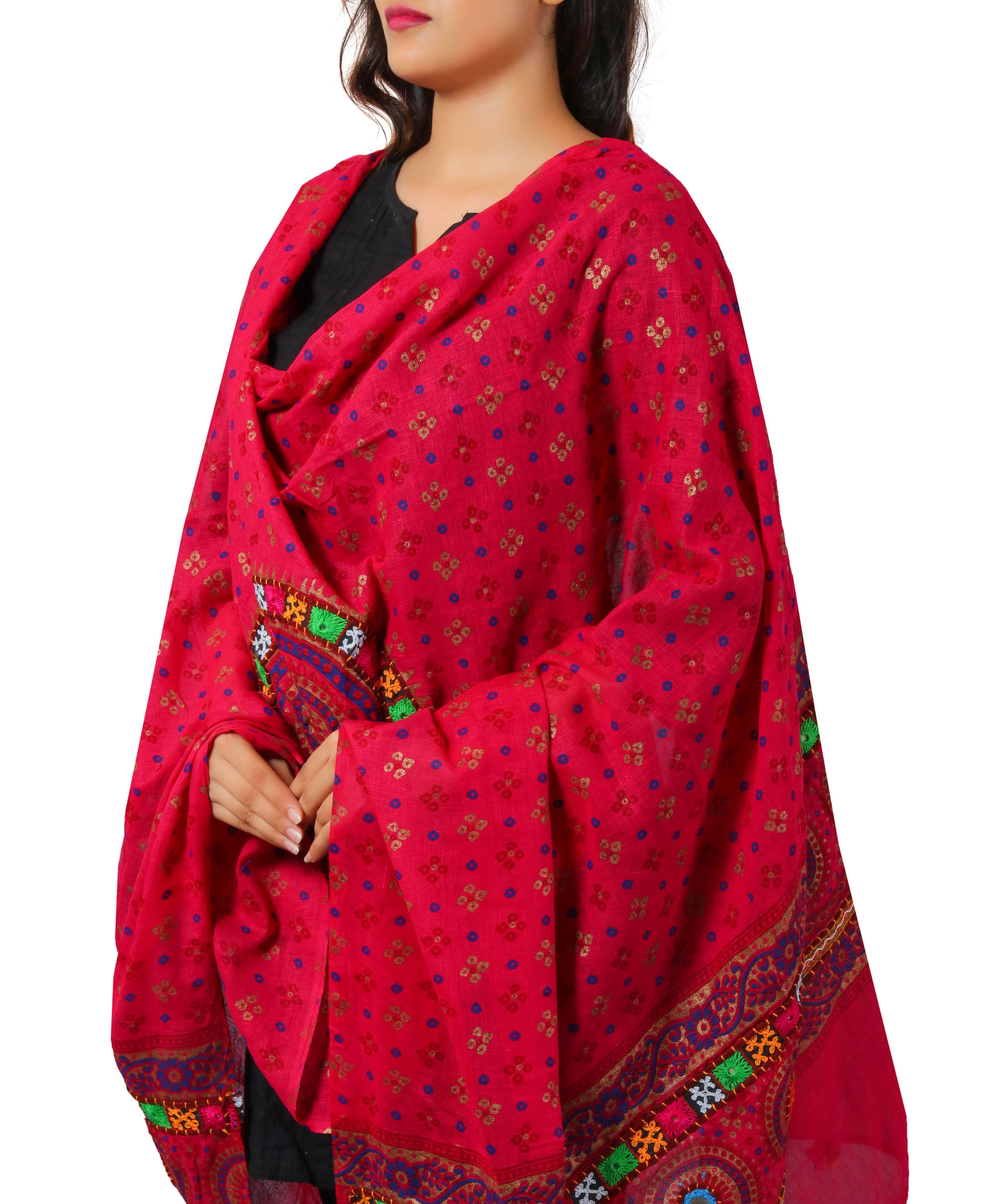 Pure Cotton Real Mirrorwork & Hand Embroidery Dupatta (Kutchi Chakkar) Pink - CKR09