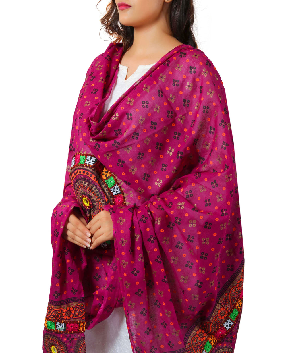 Pure Cotton Real Mirrorwork & Hand Embroidery Dupatta (Kutchi Chakkar) Magenta Violet - CKR10