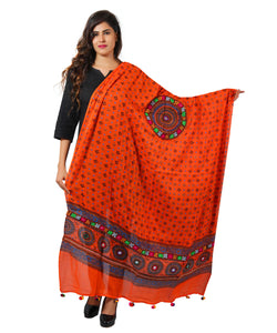 Pure Cotton Real Mirrorwork & Hand Embroidery Dupatta (Kutchi Chakkar) Tangy Orange - CKR11