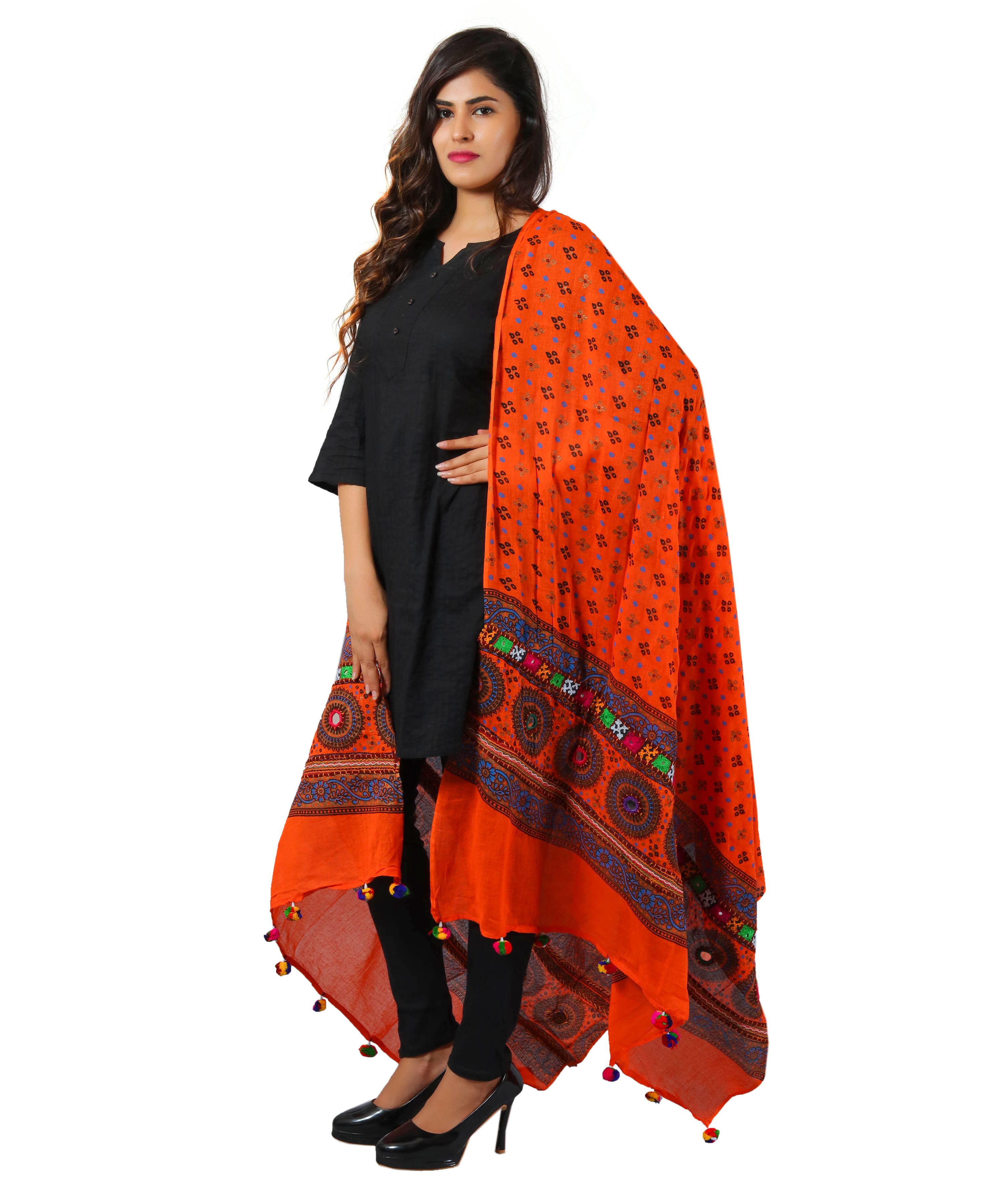 Pure Cotton Real Mirrorwork & Hand Embroidery Dupatta (Kutchi Chakkar) Tangy Orange - CKR11