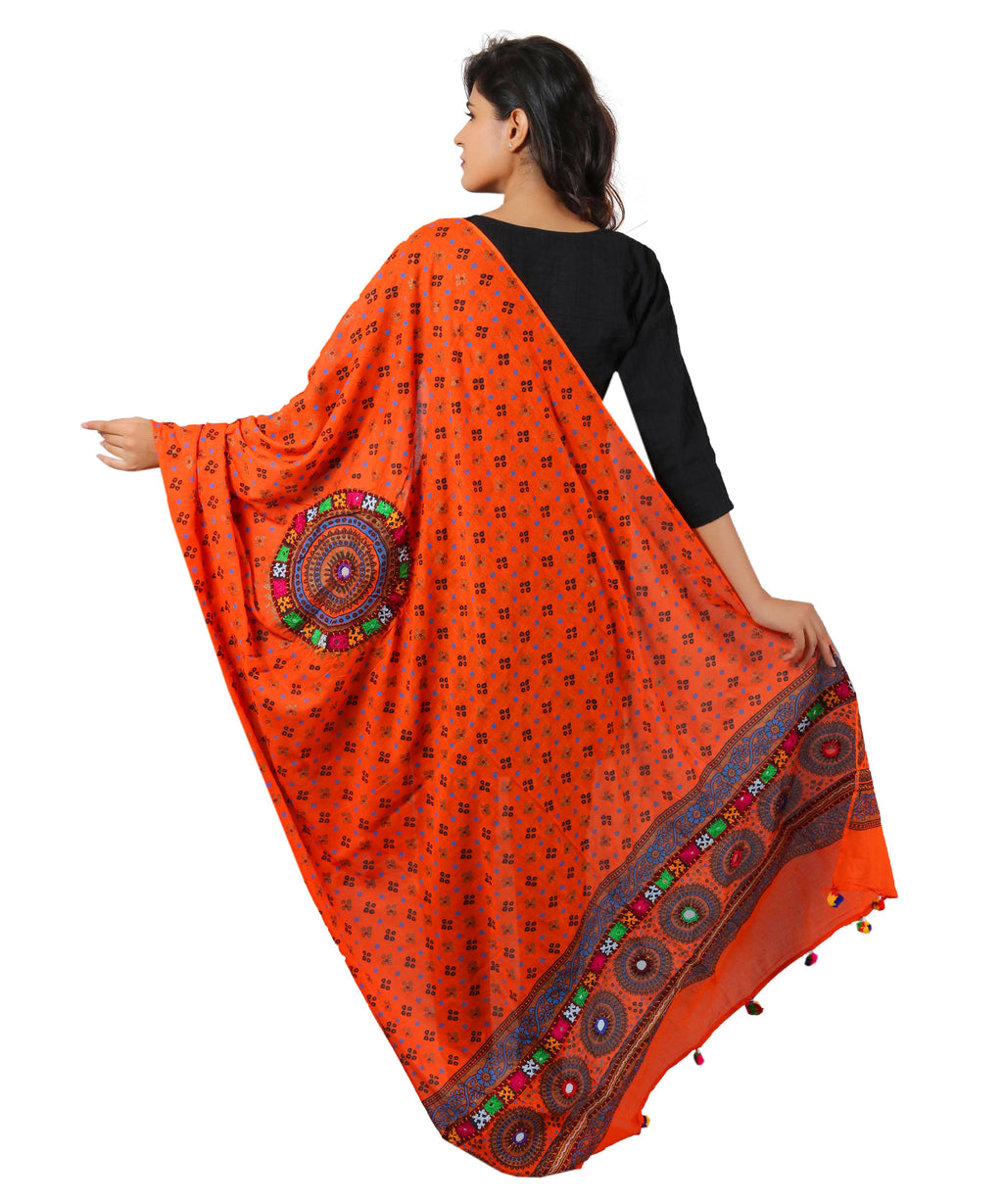 Pure Cotton Real Mirrorwork & Hand Embroidery Dupatta (Kutchi Chakkar) Tangy Orange - CKR11