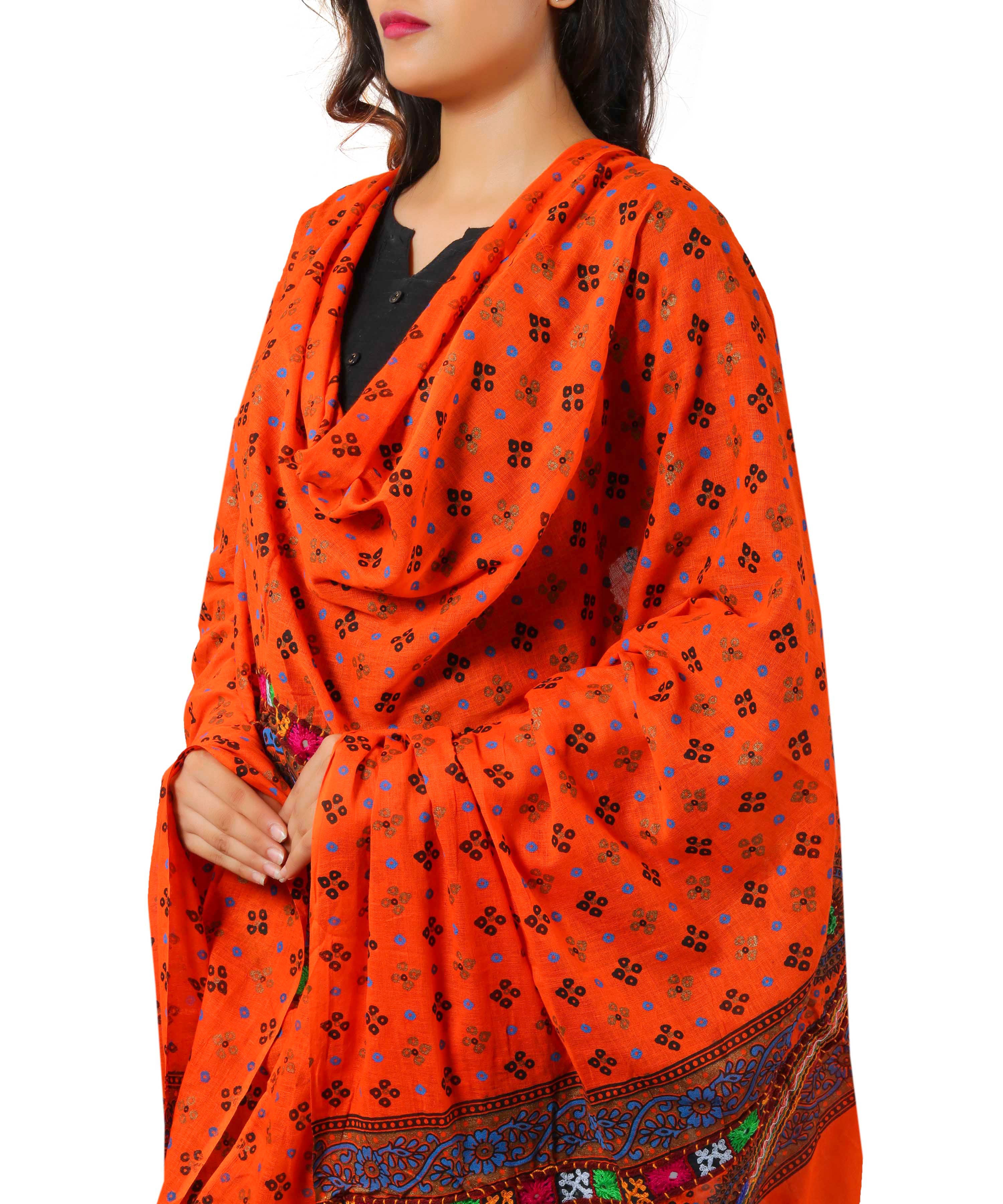 Pure Cotton Real Mirrorwork & Hand Embroidery Dupatta (Kutchi Chakkar) Tangy Orange - CKR11
